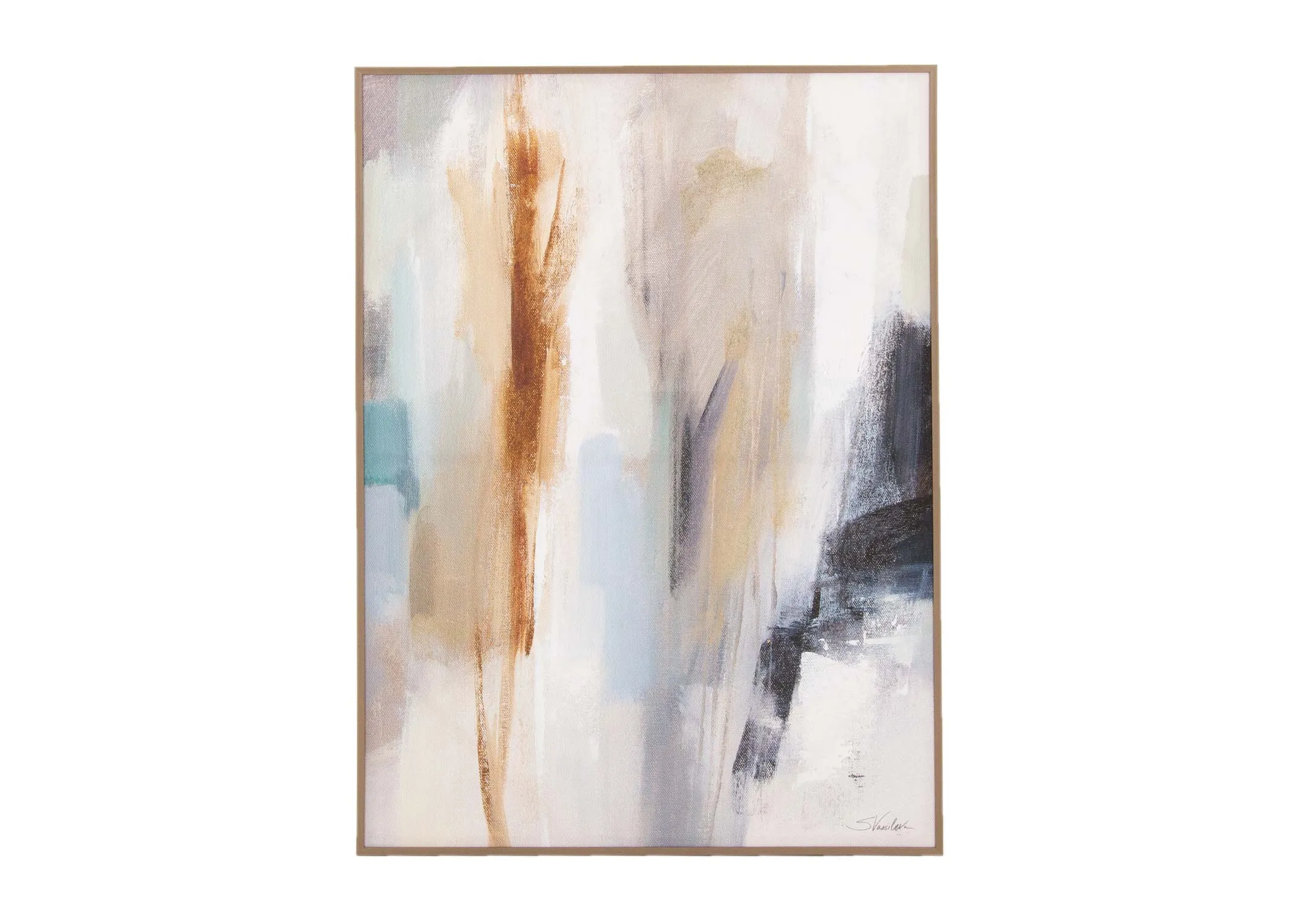 A gold framed canvas with blue and brown and white strokes of colors from EZ Livings Inspired range.