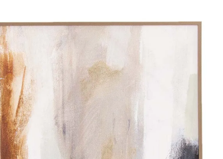 A gold framed canvas with blue and brown and white strokes of colors from EZ Livings Inspired range. Back view of canvas
