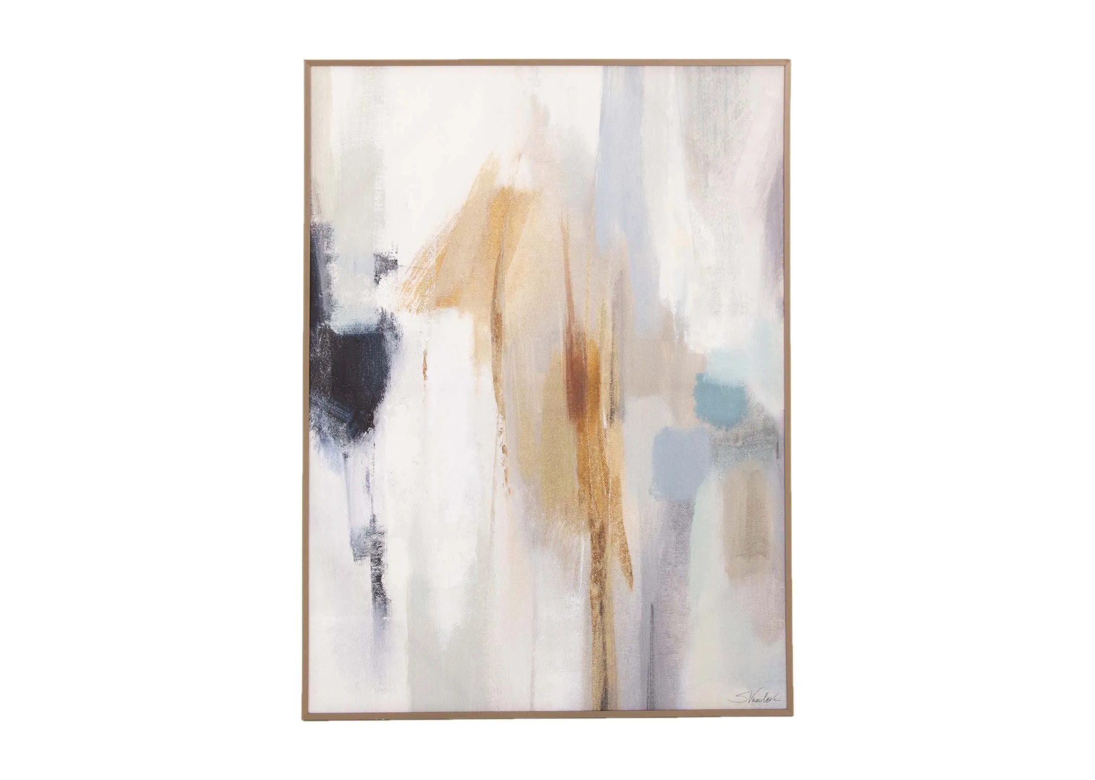 A gold framed canvas with blue and brown and white strokes of colors from EZ Livings Inspired range. Front view of striking pastel pieces