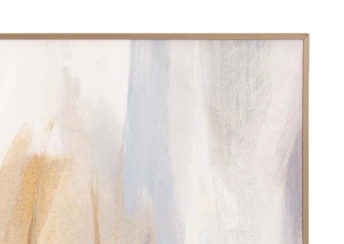 A gold framed canvas with blue and brown and white strokes of colors from EZ Livings Inspired range. Closeup of artist detail