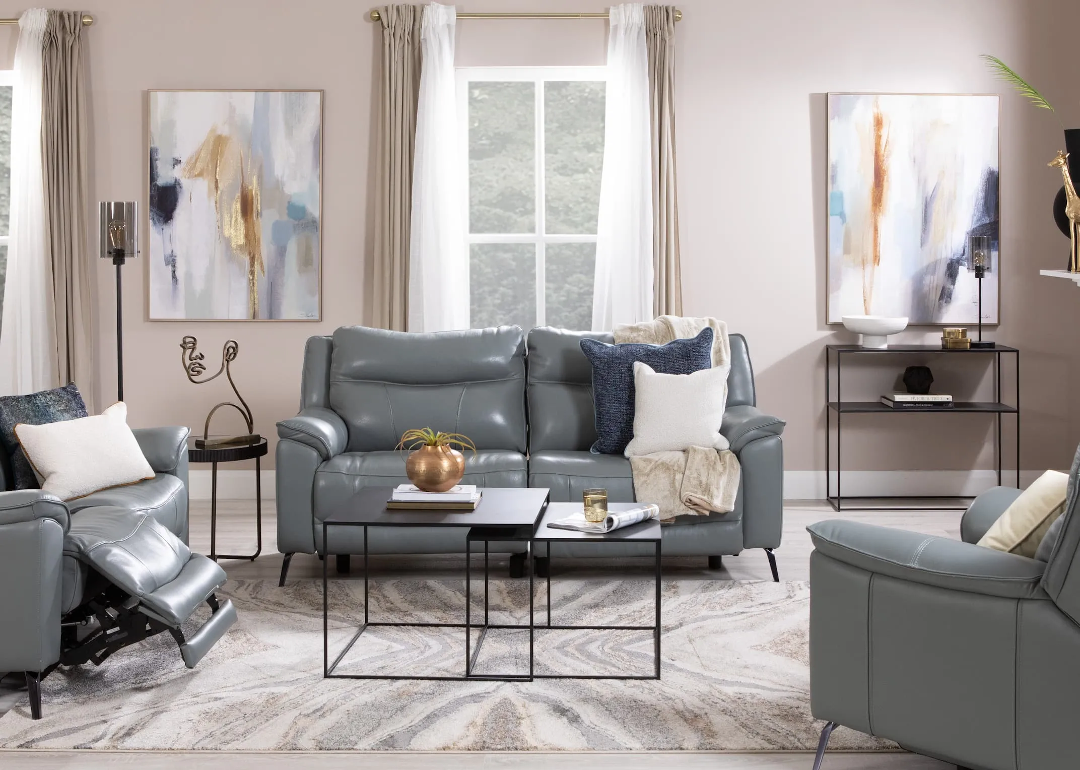 A lifestyle image of the Verona leather sofa range with pebble collection and Inspired Canvas
