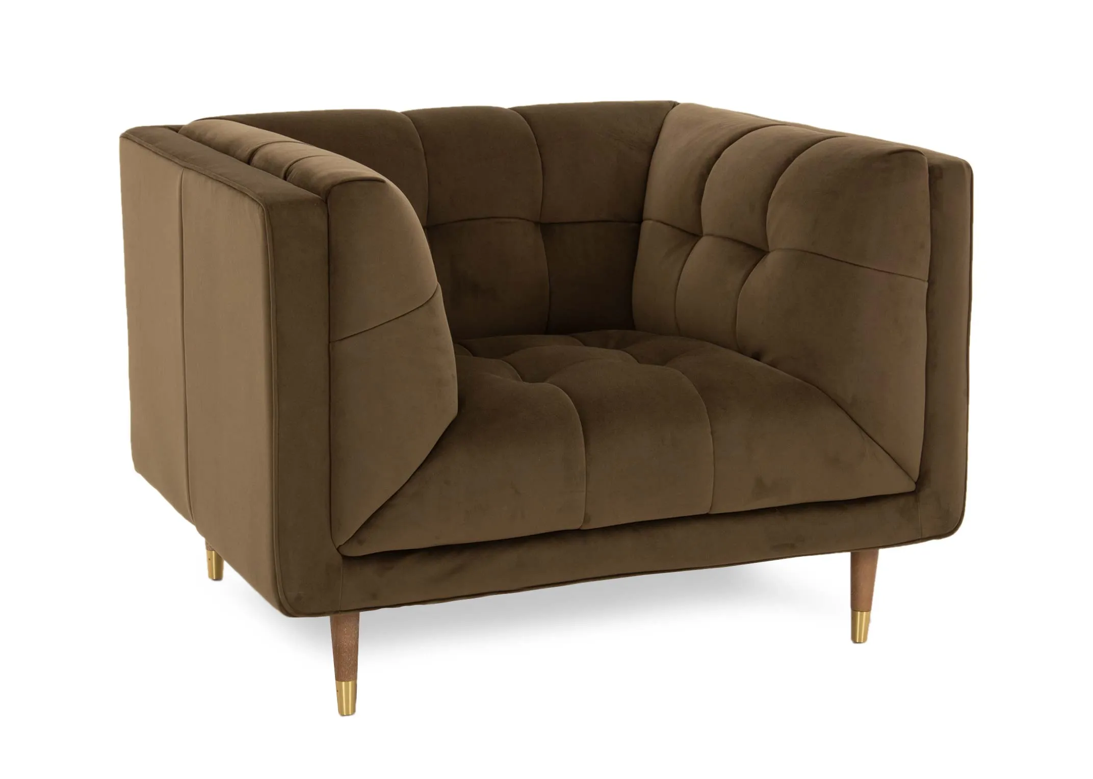 An olive green velvet armchair from EZ Livings Grace range. Angled view of tufted button seat & back cushions