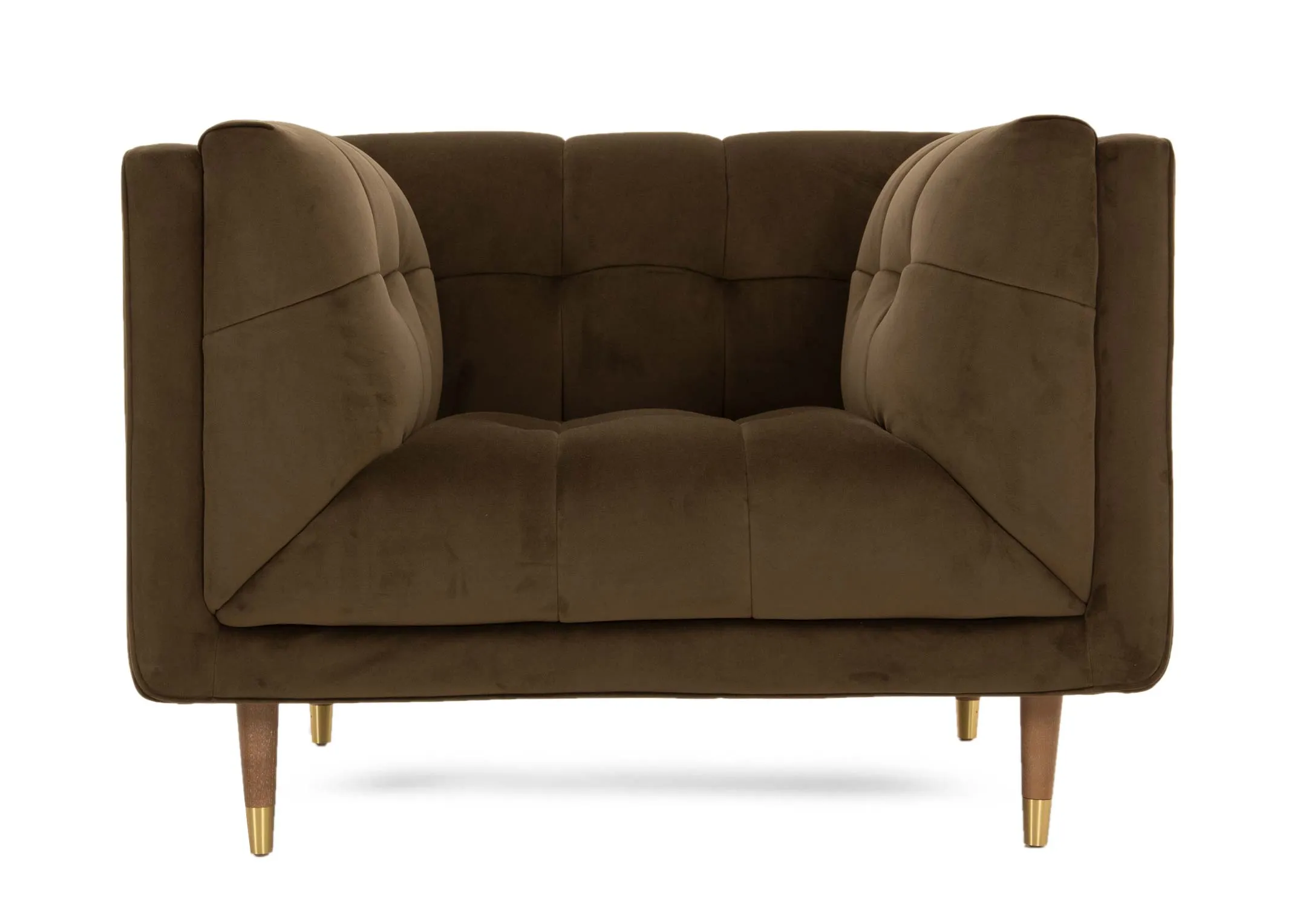 An olive green velvet armchair from EZ Livings Grace range. Front view of fiam padded inserts for extra comfort on sides and seat