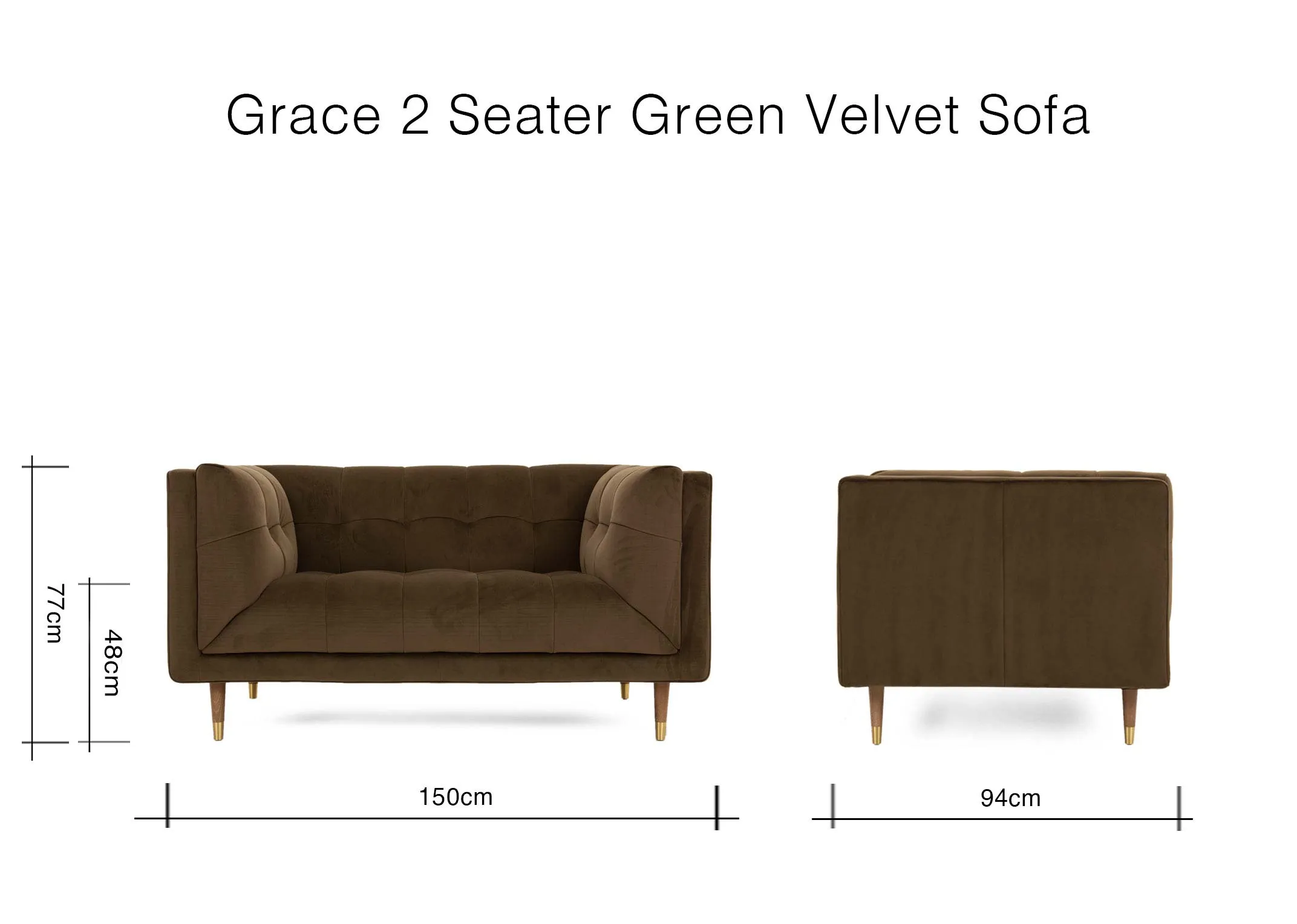 A dimension image of the Grace Olive Green Velvet 2 Seater with 150cm x 94cm x 77cm
