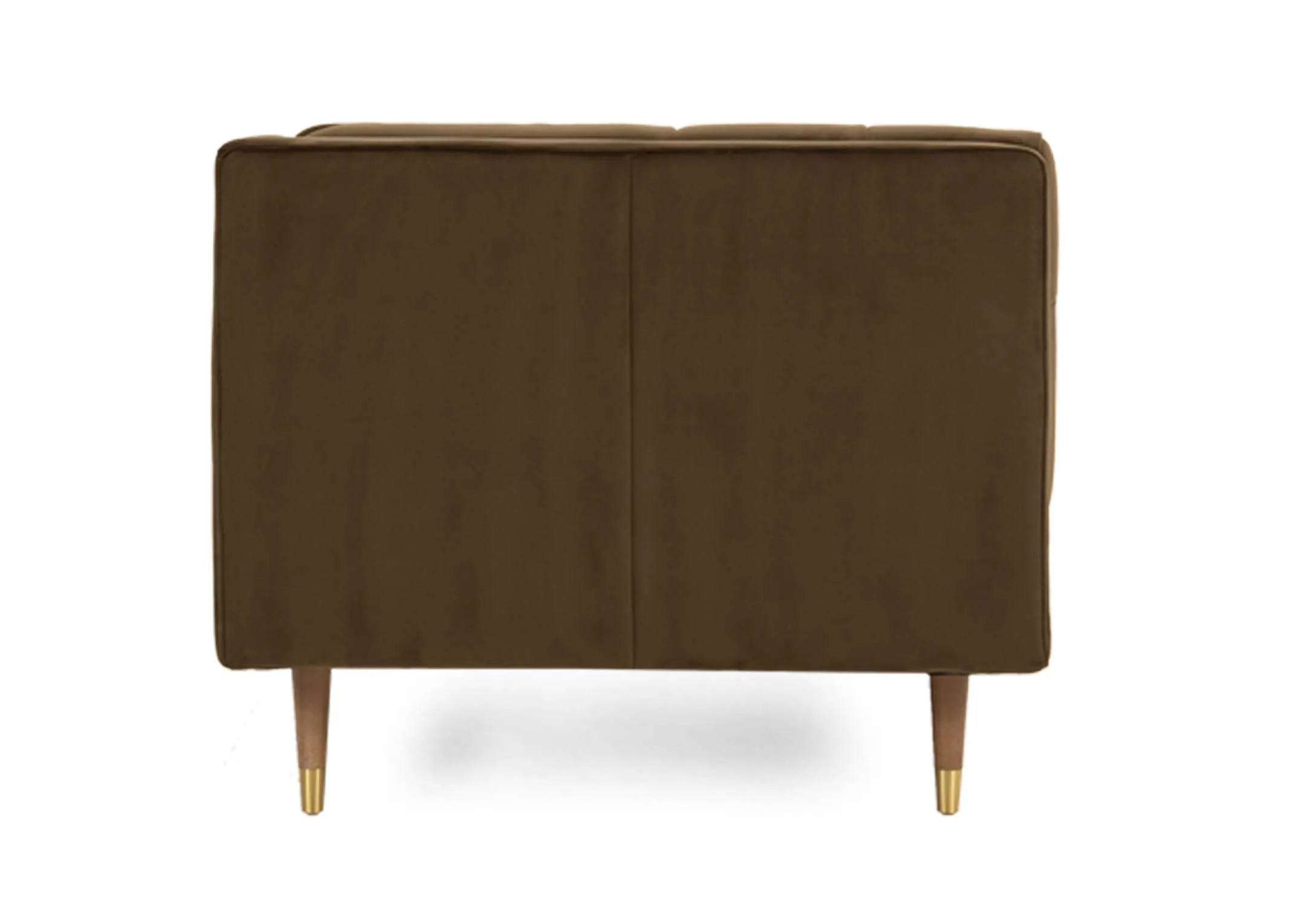 A 2 seater olive green velvet sofa from EZ Livings Grace range. Side view of block arms & oak feet with gold tips