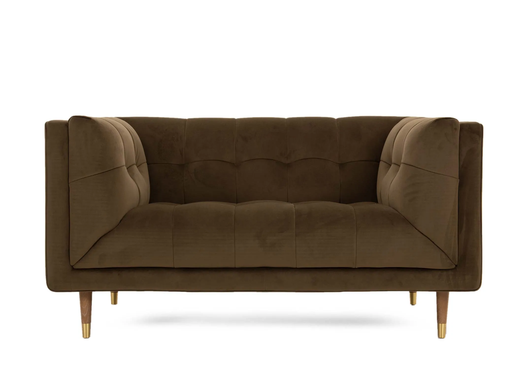 A 2 seater olive green velvet sofa from EZ Livings Grace range. Front view of foam padded seats and arms