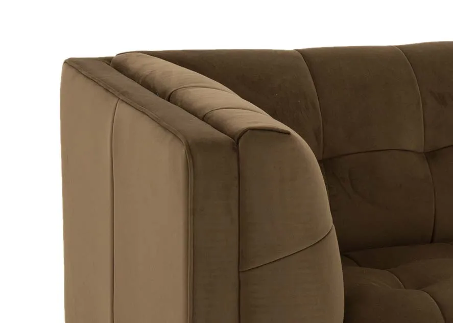 A 2 seater olive green velvet sofa from EZ Livings Grace range. Closeup of luxury fabric