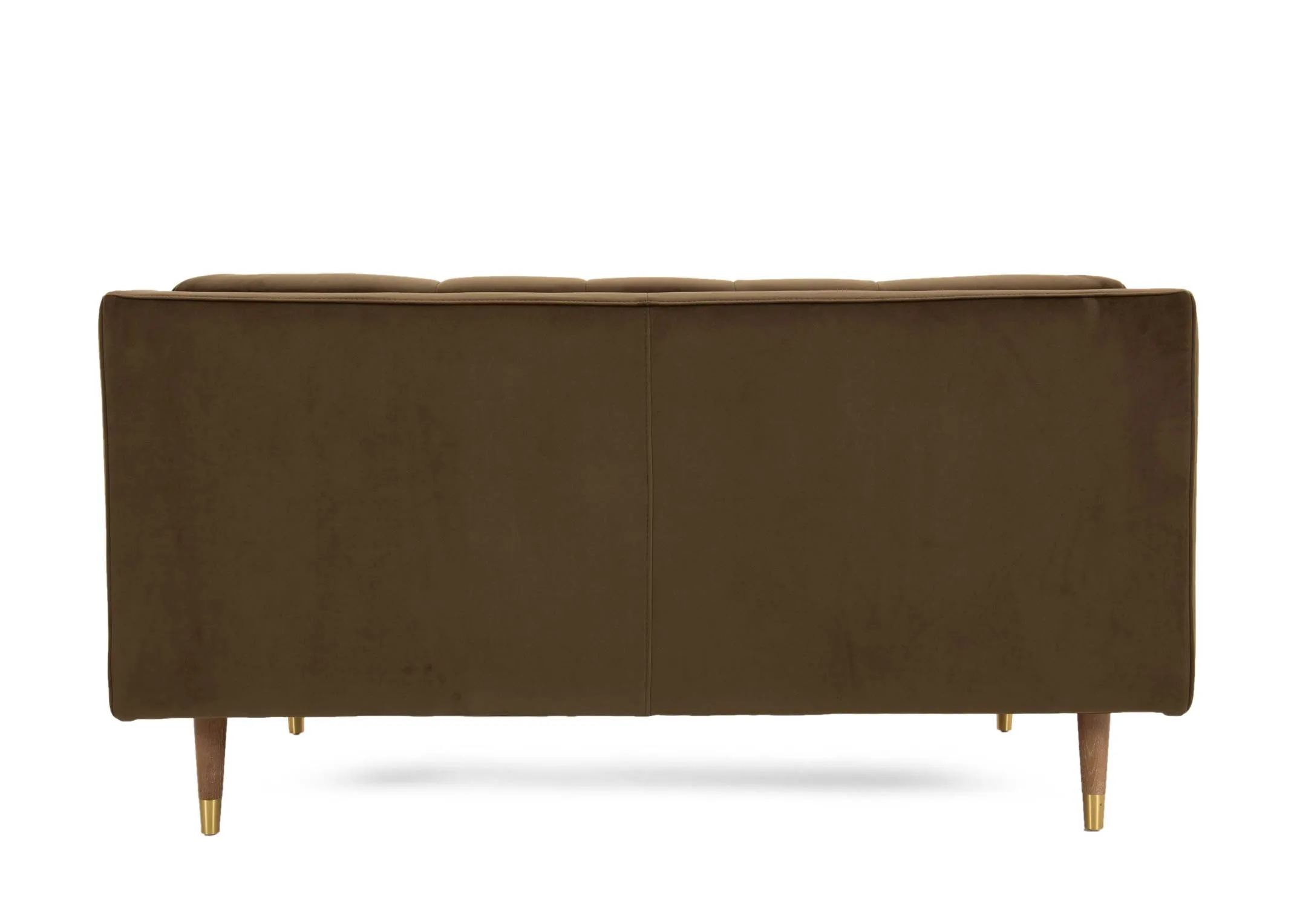 A 2 seater olive green velvet sofa from EZ Livings Grace range. Back view of solid warrantied frame