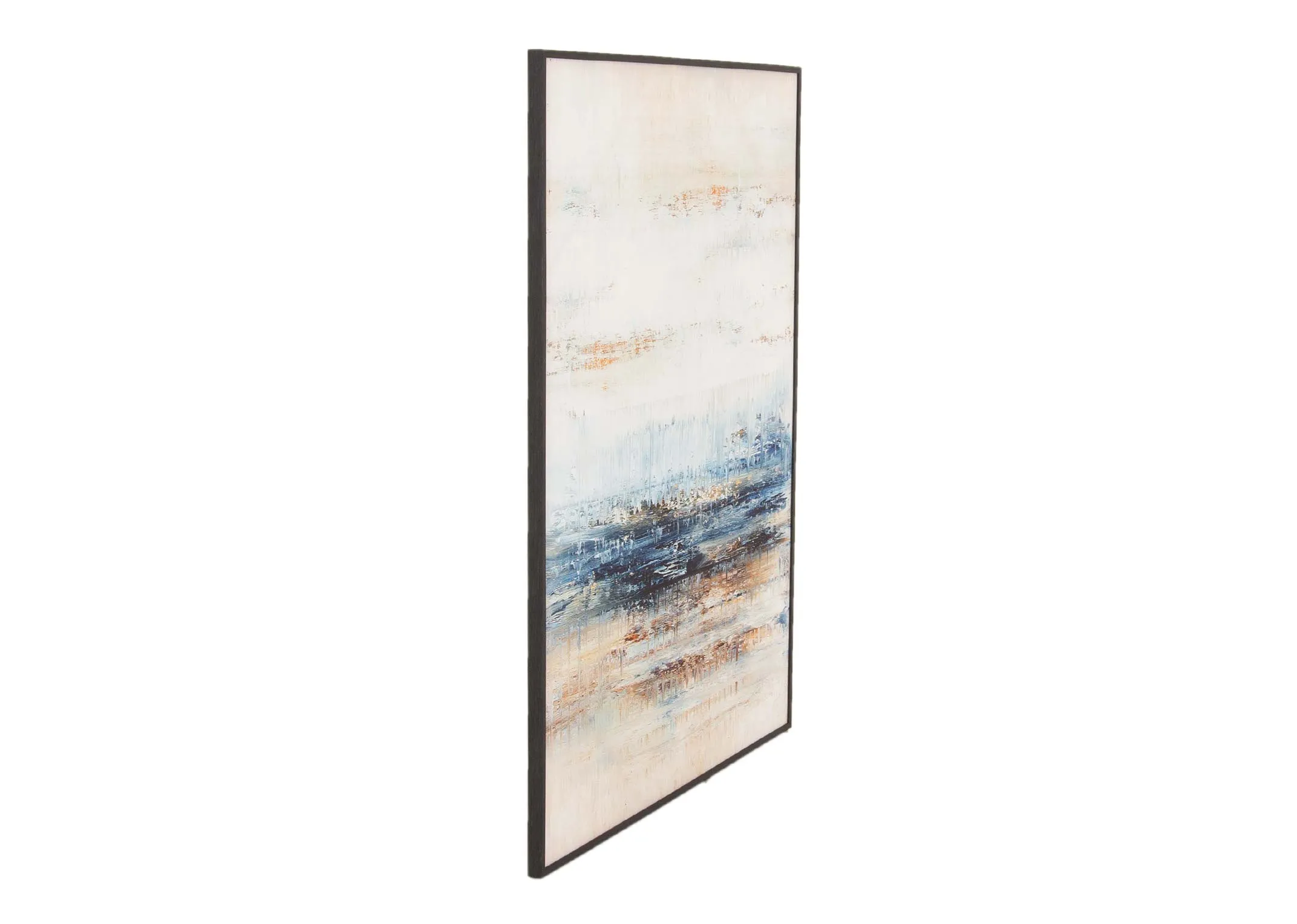 A black framed canvas with blue and brown colors from EZ Livings Fearless II range. Angled view of thick frame