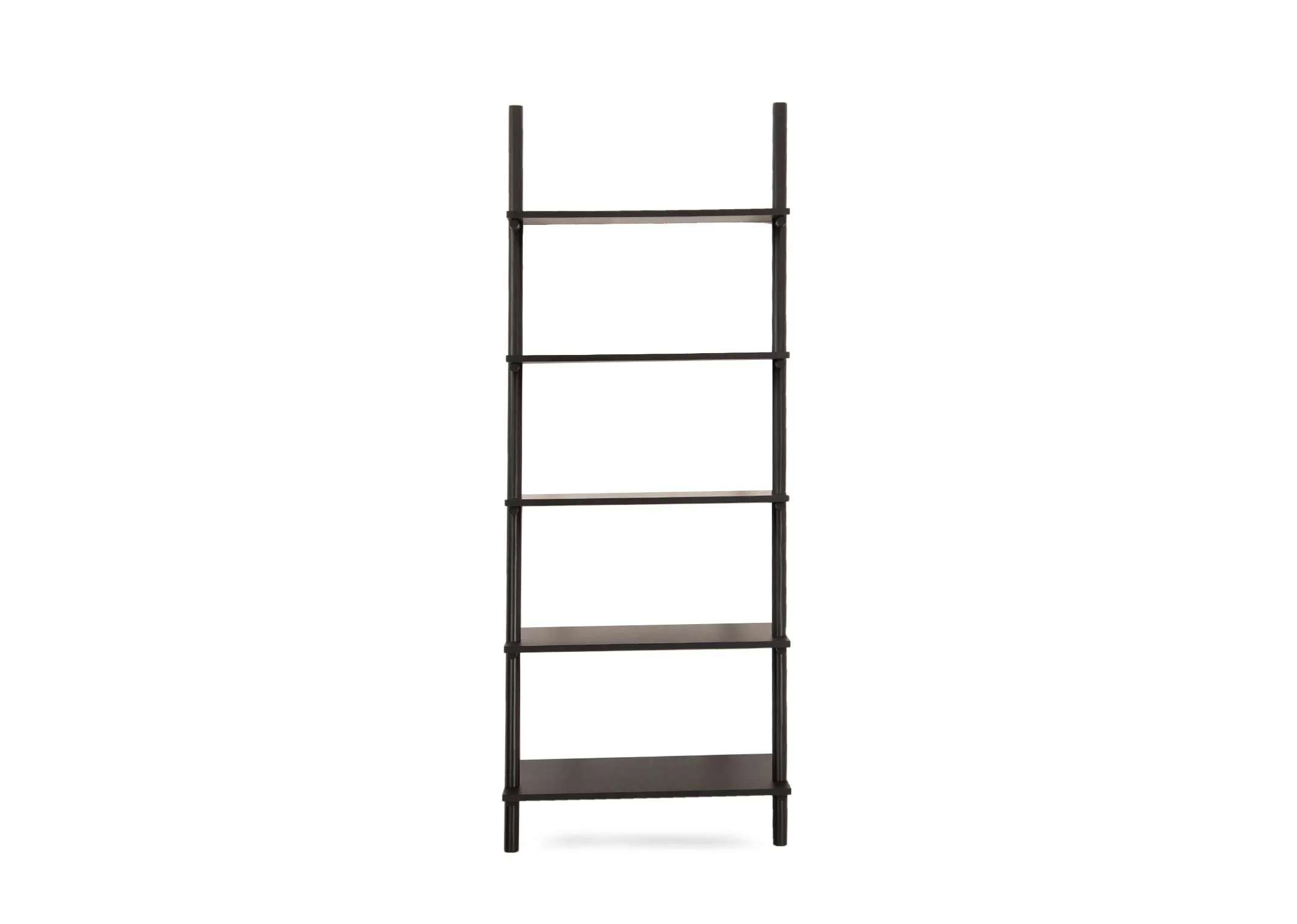 A small black 5 tier display ladder from EZ Livings Step range. Front view of ample height between shelves for plants or ornaments