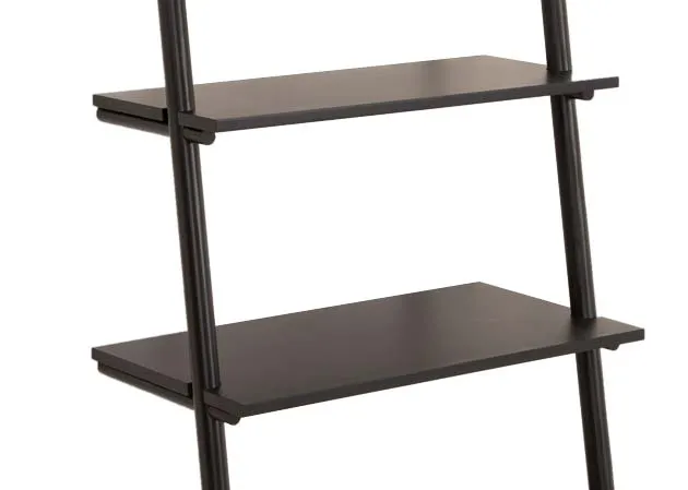 A small black 5 tier display ladder from EZ Livings Step range. Closeup of wide shelves