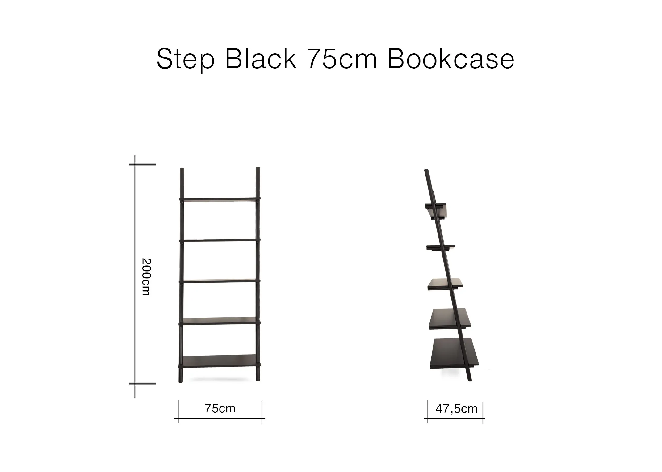 A dimension image of the Step Black Bookcase with 75cm x 47.5cm x 200cm