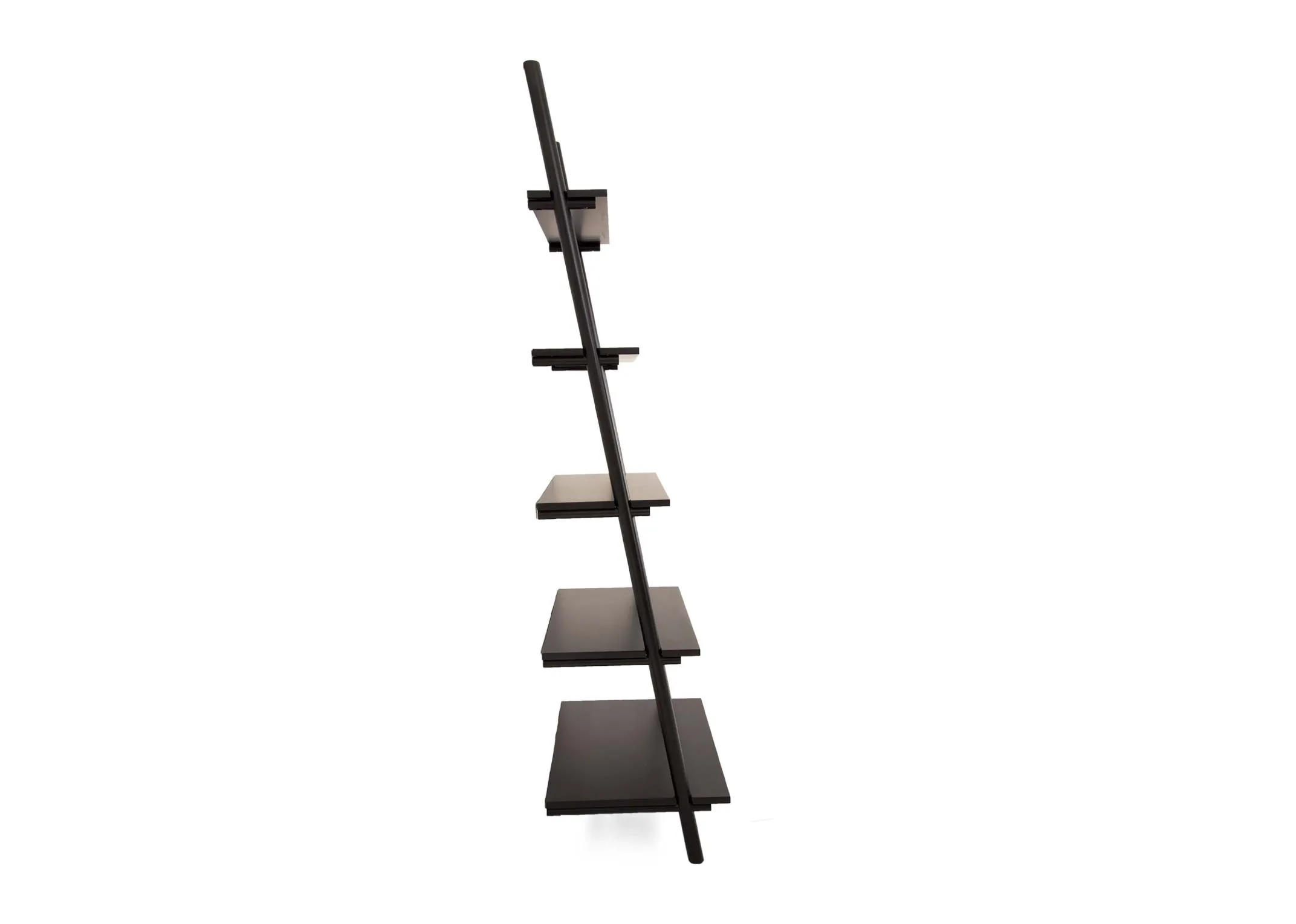A small black 5 tier display ladder from EZ Livings Step range. Side view shows pole that leans against a flat surface.