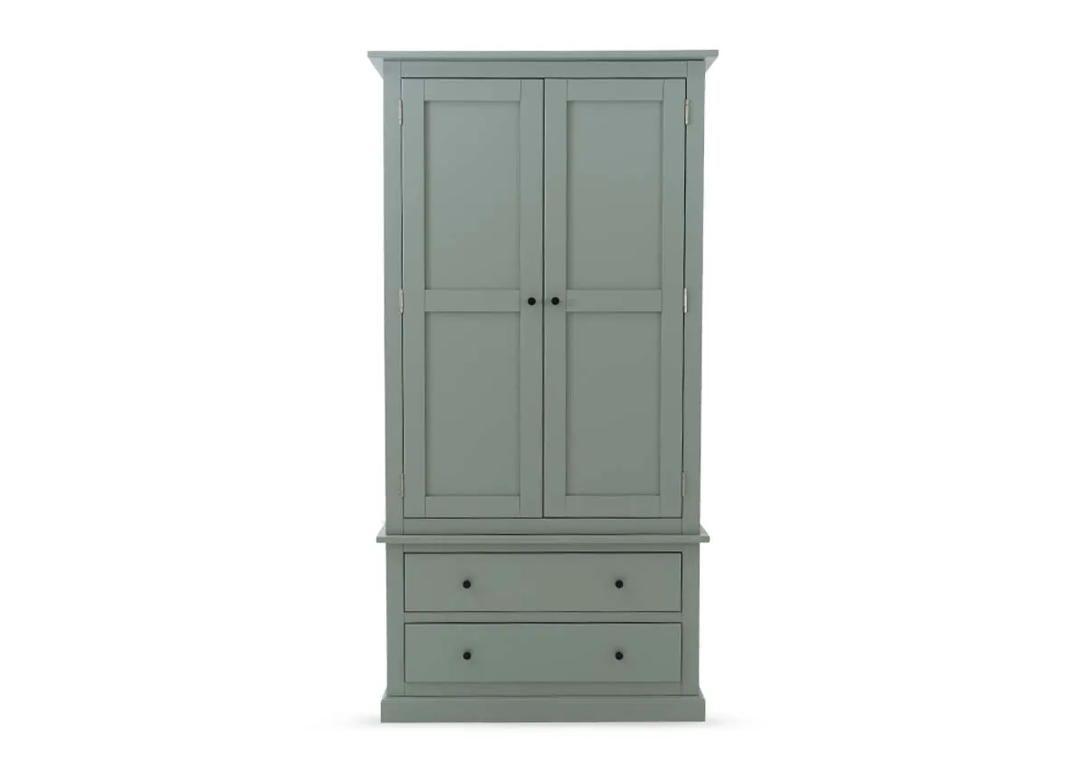 A 2 door light green wardrobe from EZ Livings Atlas range. Front view shows 2 lower drawers
