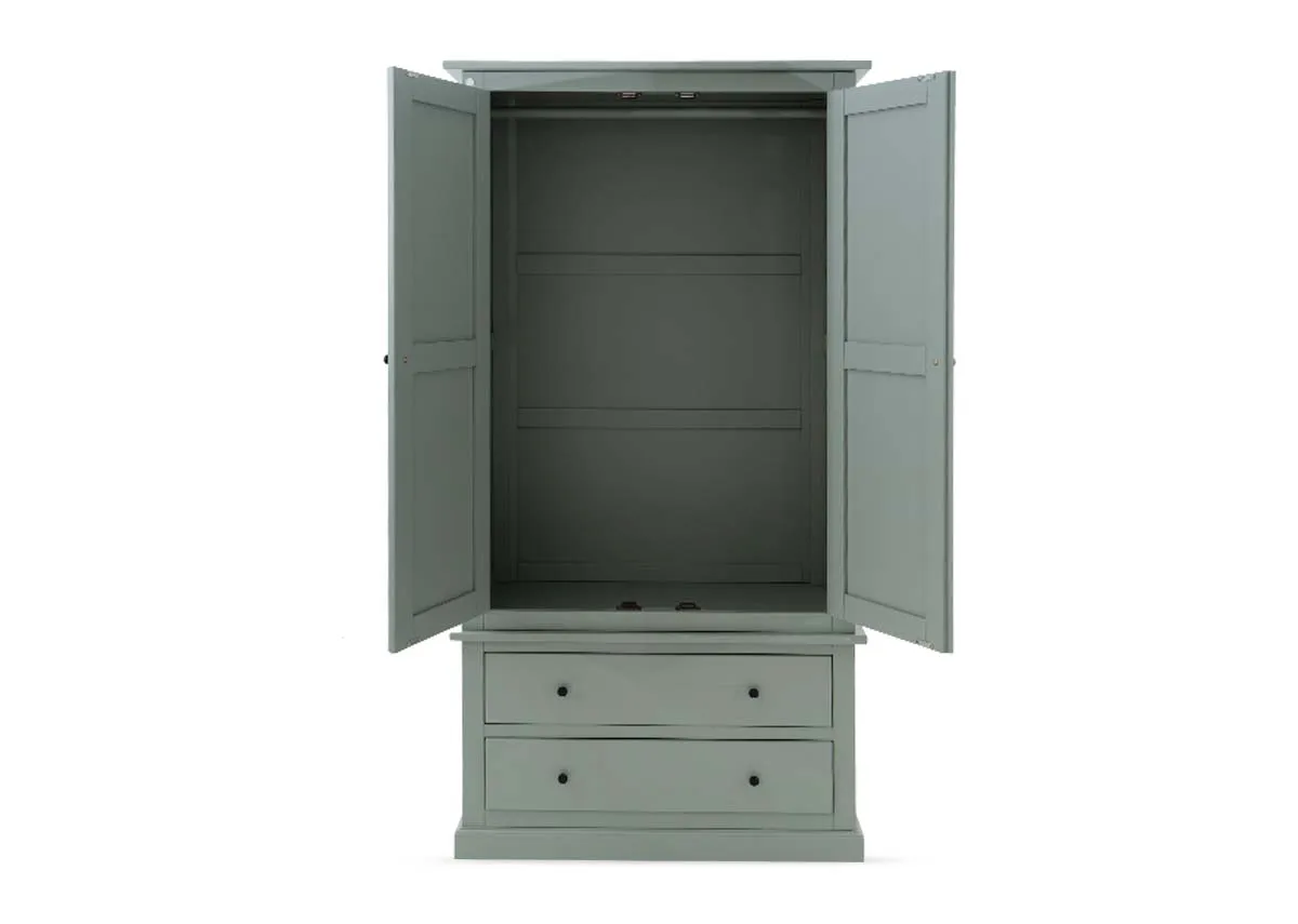 A 2 door light green wardrobe from EZ Livings Atlas range. Front view of 2 doors open showing hanging space