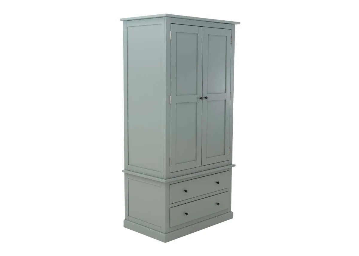 A 2 door light green wardrobe from EZ Livings Atlas range. Angled view.