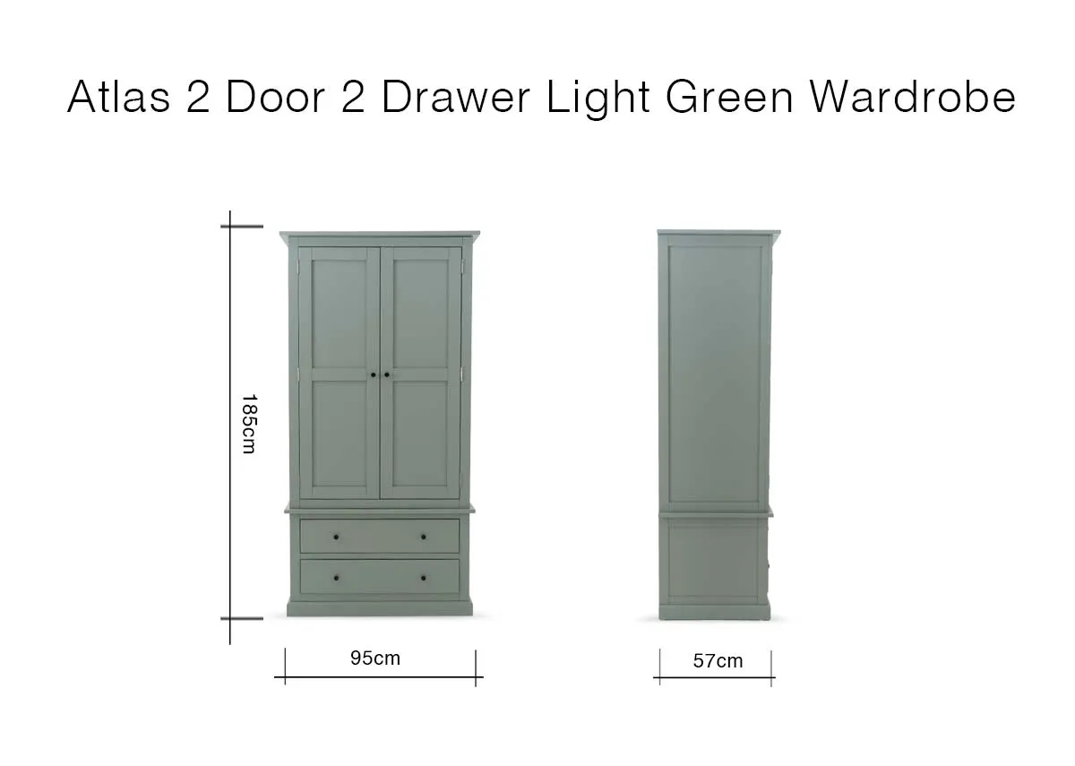 A dimension image of the Atlas 2 Door wardrobe with 95cm x 57cm x 185cm