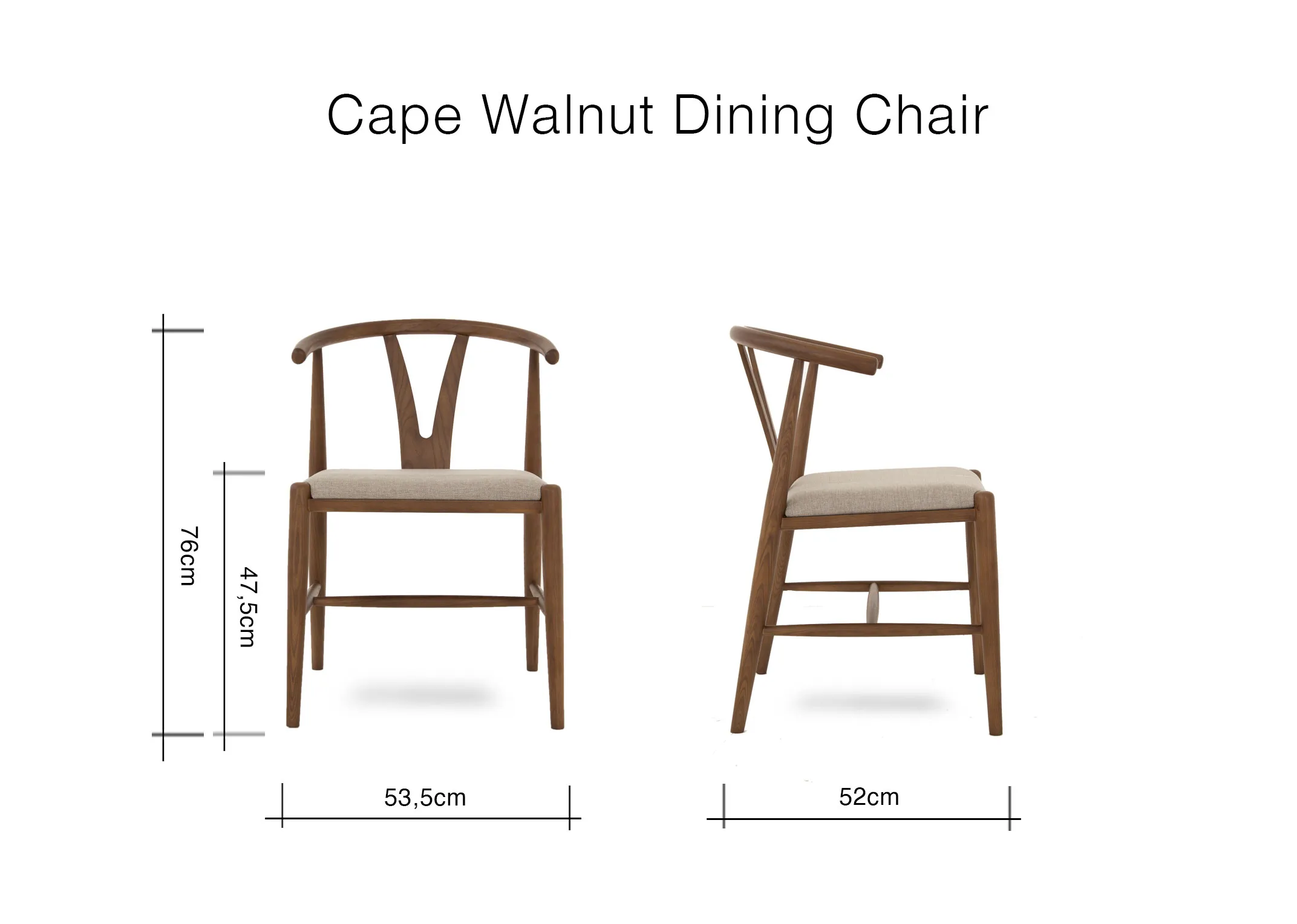 A dimension image of the Cape Walnut Chair with 53.5cm x 52cm x 76cm x 47.5cm
