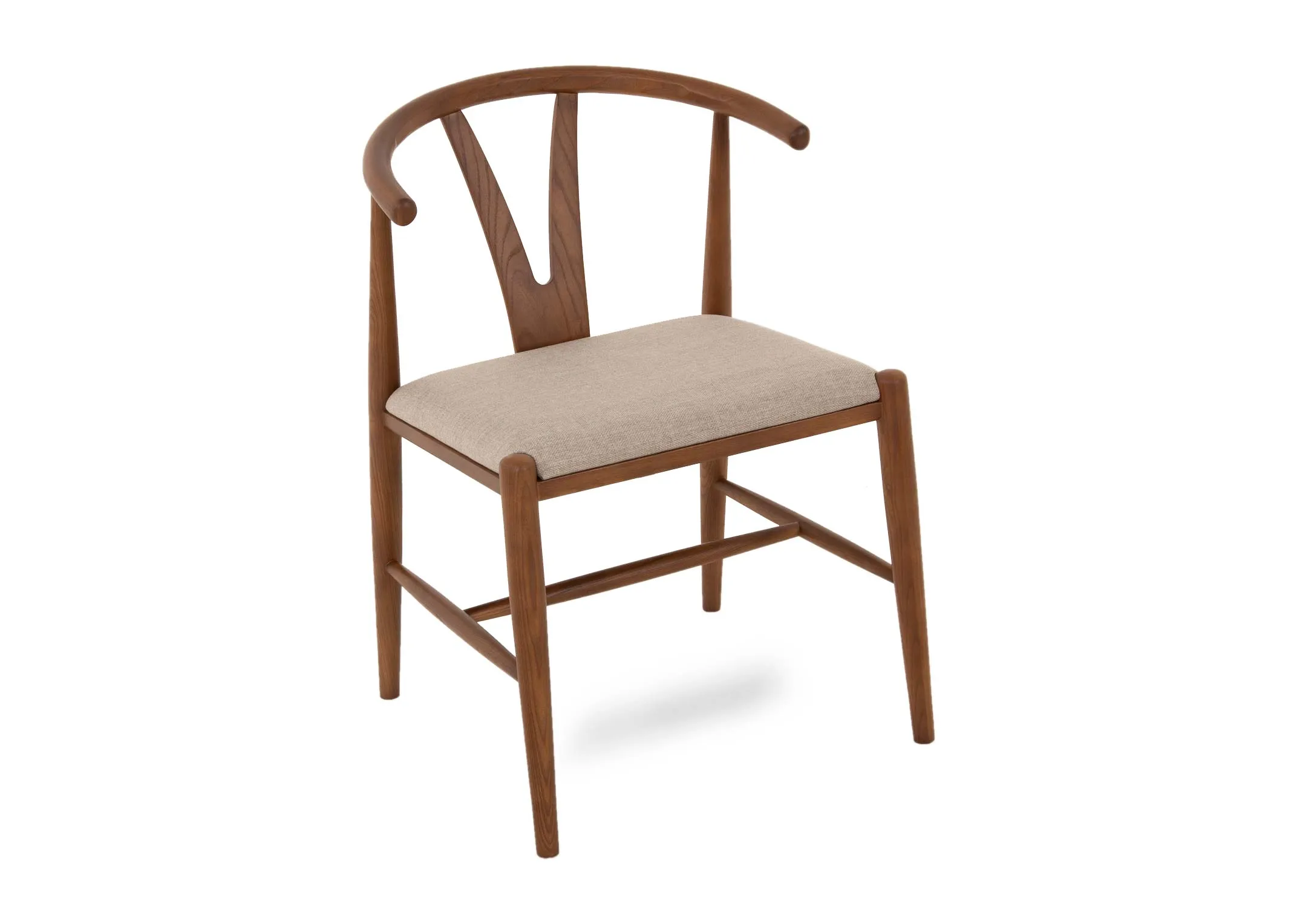 A wishbone dining chair with walnut frame from EZ Livings Cape range. Angled view of beige fabric seat.