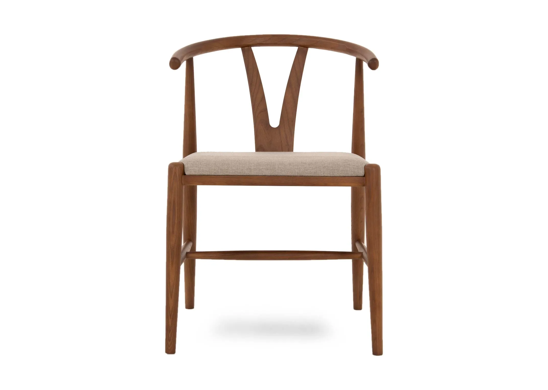 A wishbone dining chair with walnut frame from EZ Livings Cape range. Front view of slim seat padding