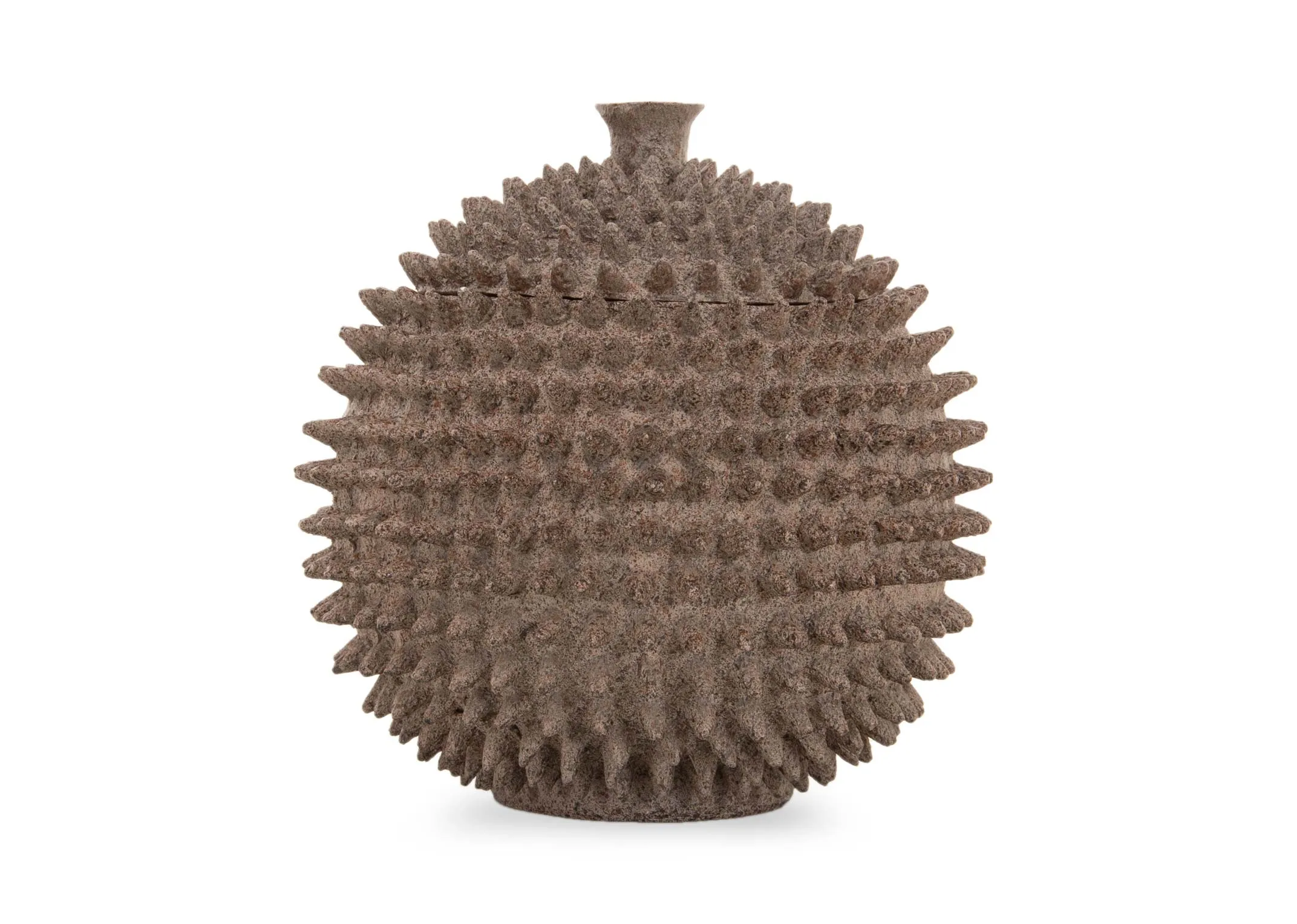 A round bronze deco box with lid from EZ Livings Caldras range. Angled view of storage inside with lid removed