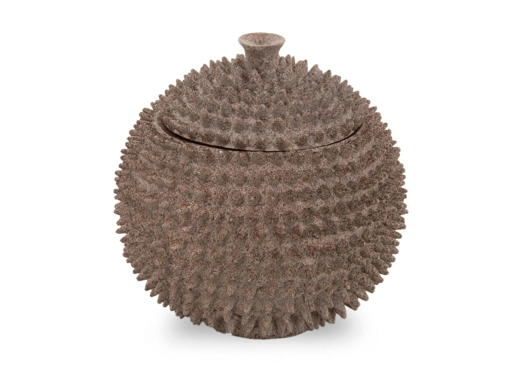 A round bronze deco box with lid from EZ Livings Caldras range. Angled view of spikey finish.