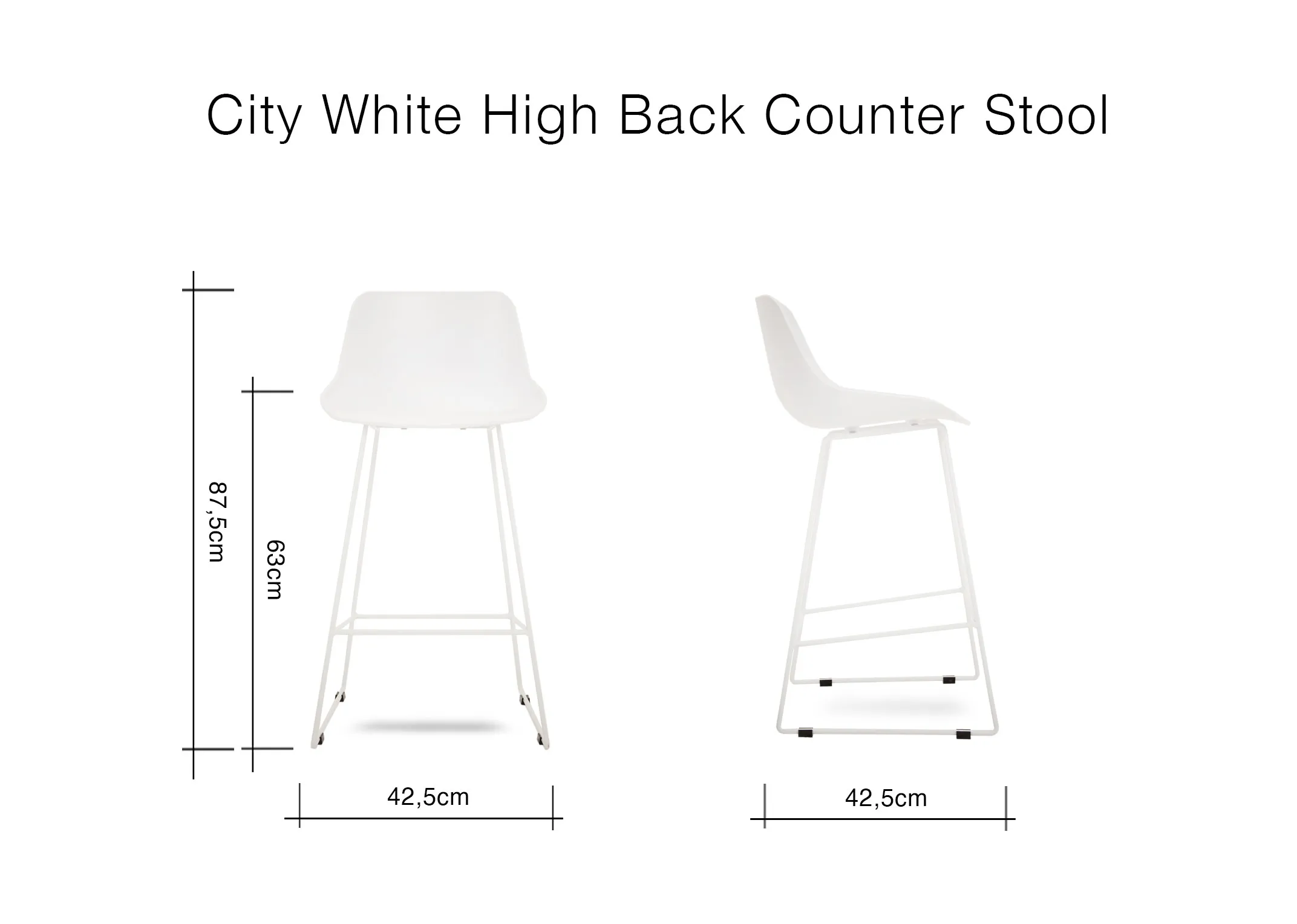 A dimension image for the City White High Back Counter Stool with 42.5cm x 42.5cm x 87.5cm