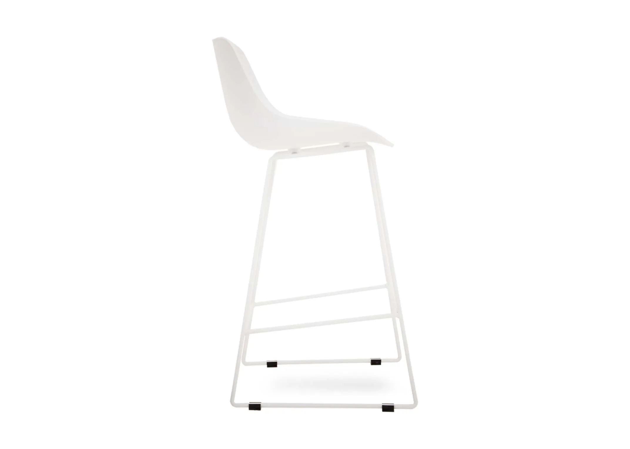 A white hard back counter stool with metal legs from EZ Livings City range. Side view