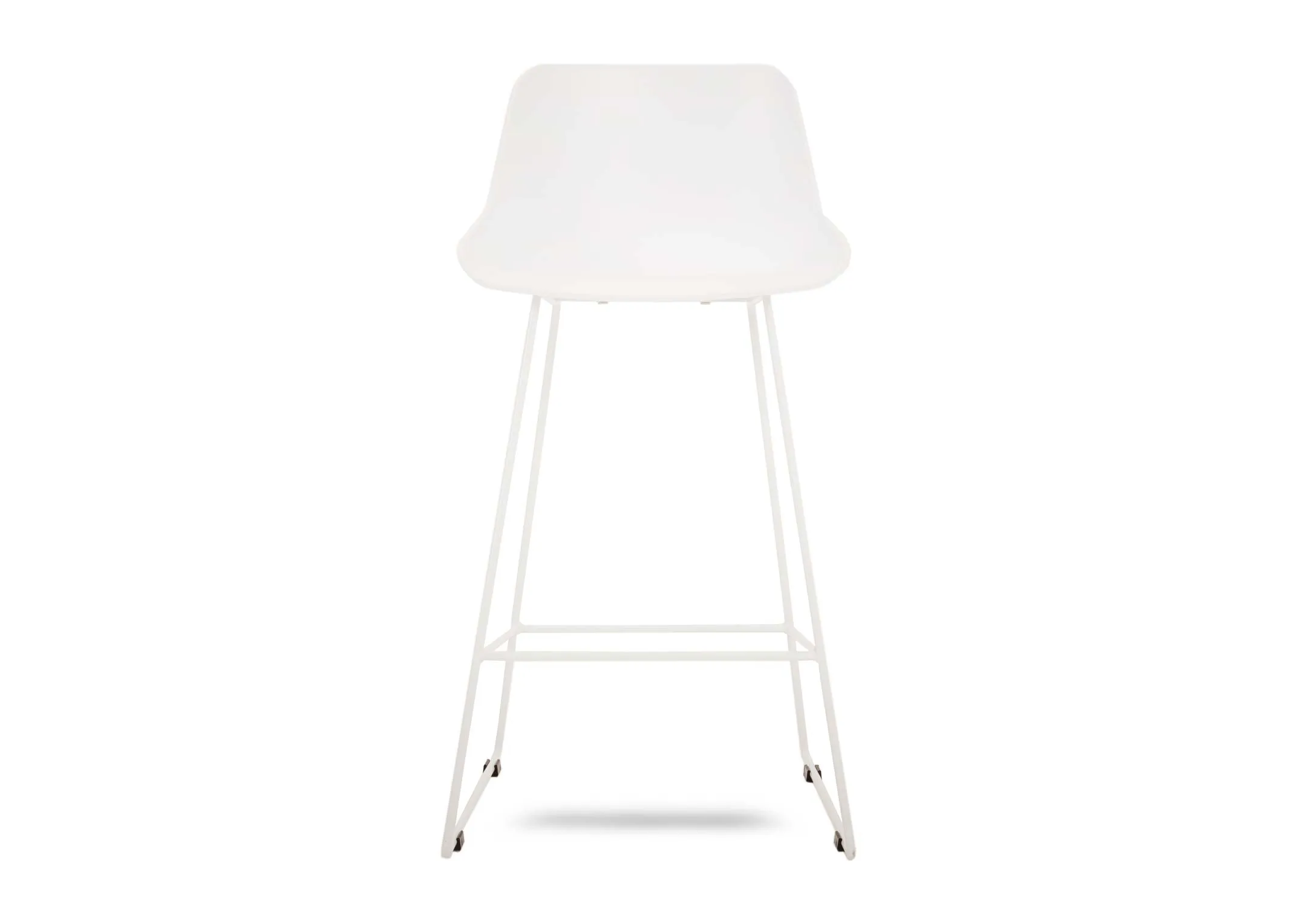 A white hard back counter stool with metal legs from EZ Livings City range. Front view