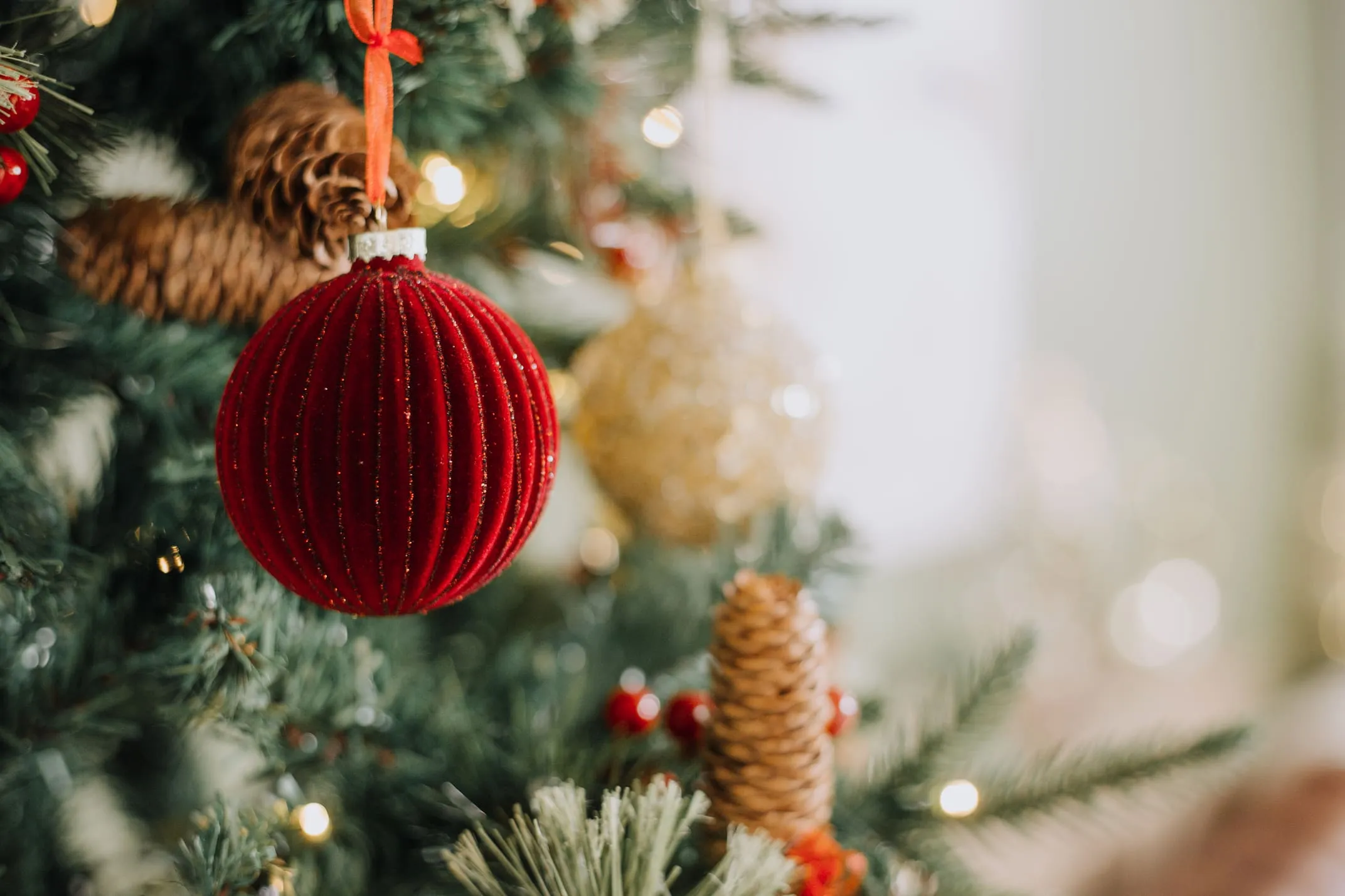 A lifestyle image of the Red Rib Bauble on a Christmas tree.
