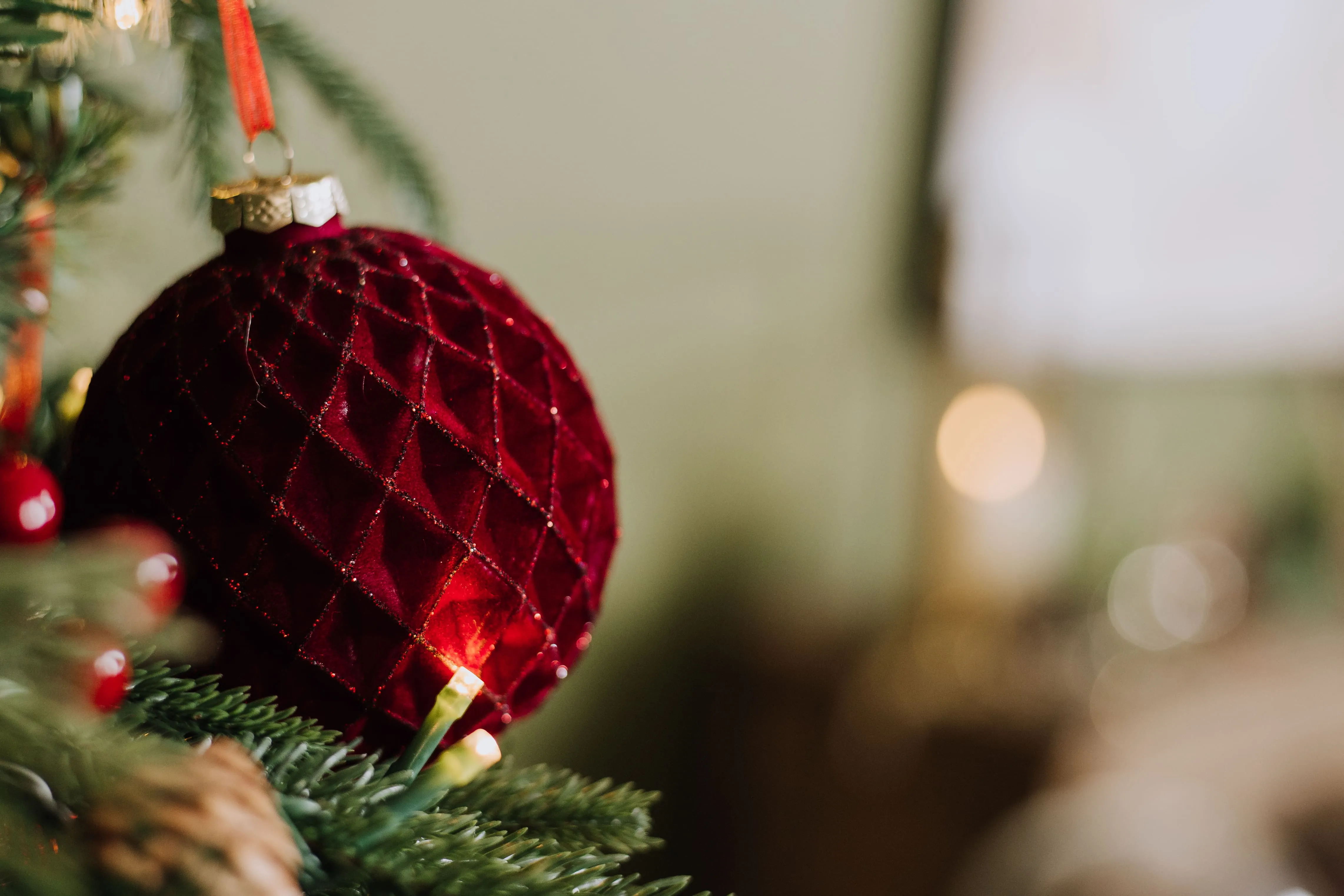 A lifestyle image of the Red Bauble with Gold ribbon on a tree.