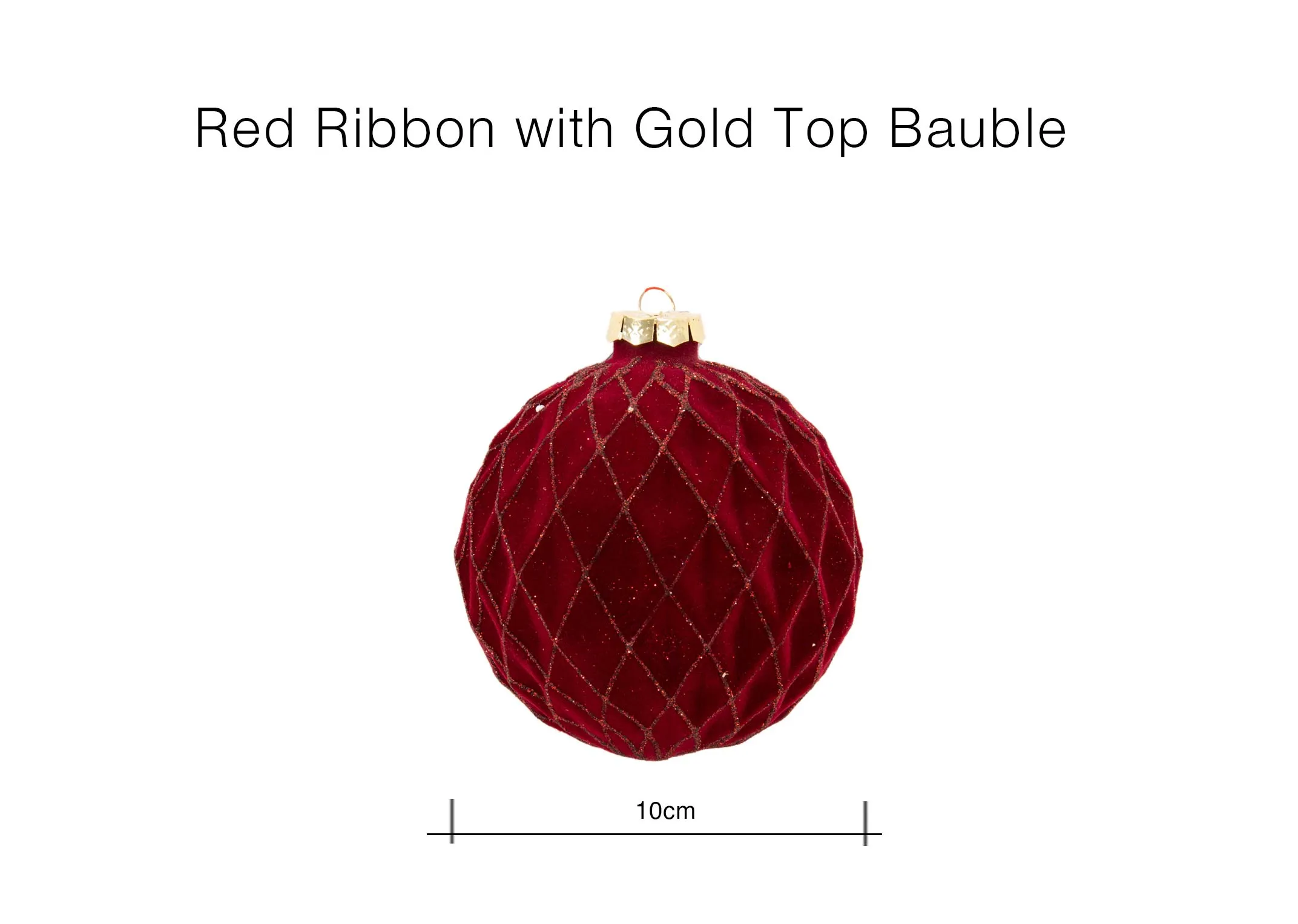 A lifestyle image of the Red Bauble with Gold ribbon on a tree.