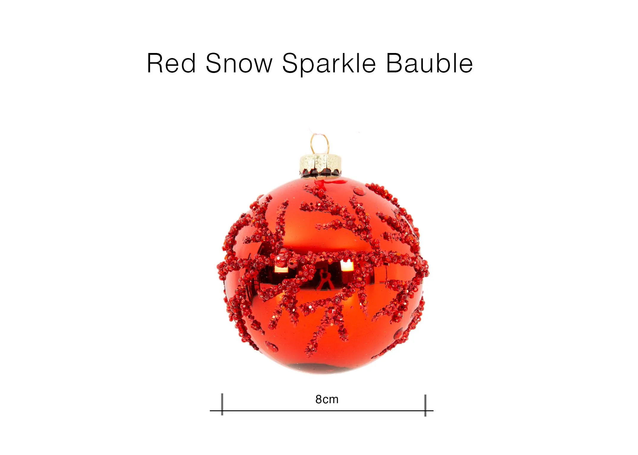 A dimension image of the Red Snow Sparkle Bauble with 8cm