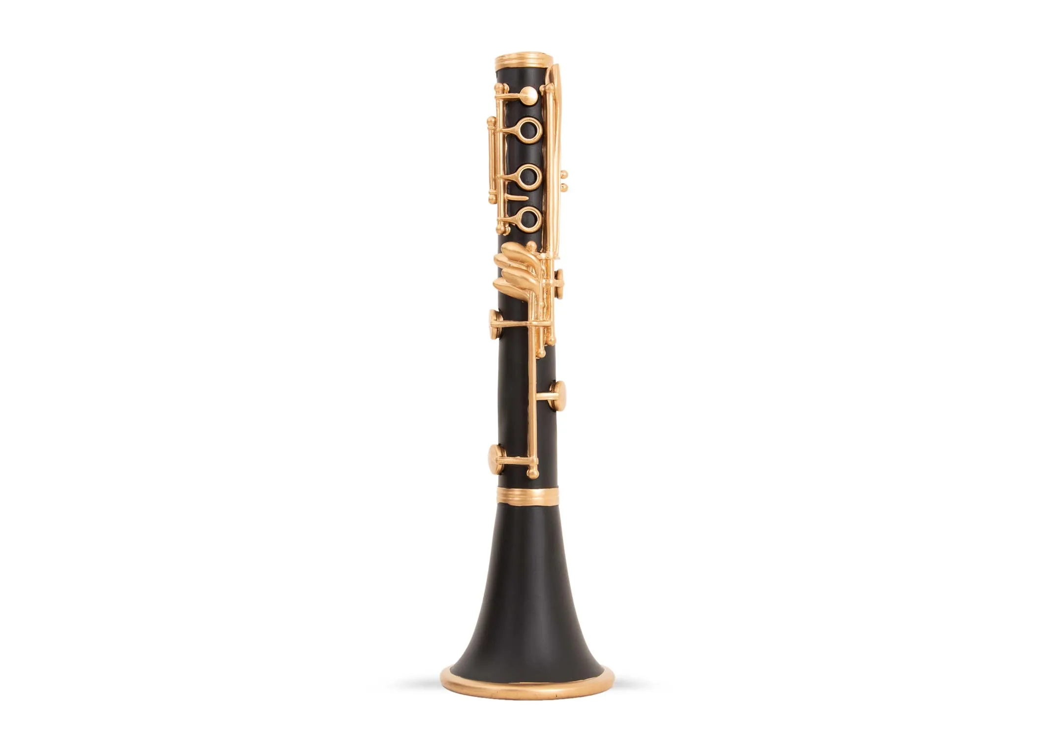 A black & gold Clarinet candleholder from EZ Livings Christmas range. Front view of decorative candleholder