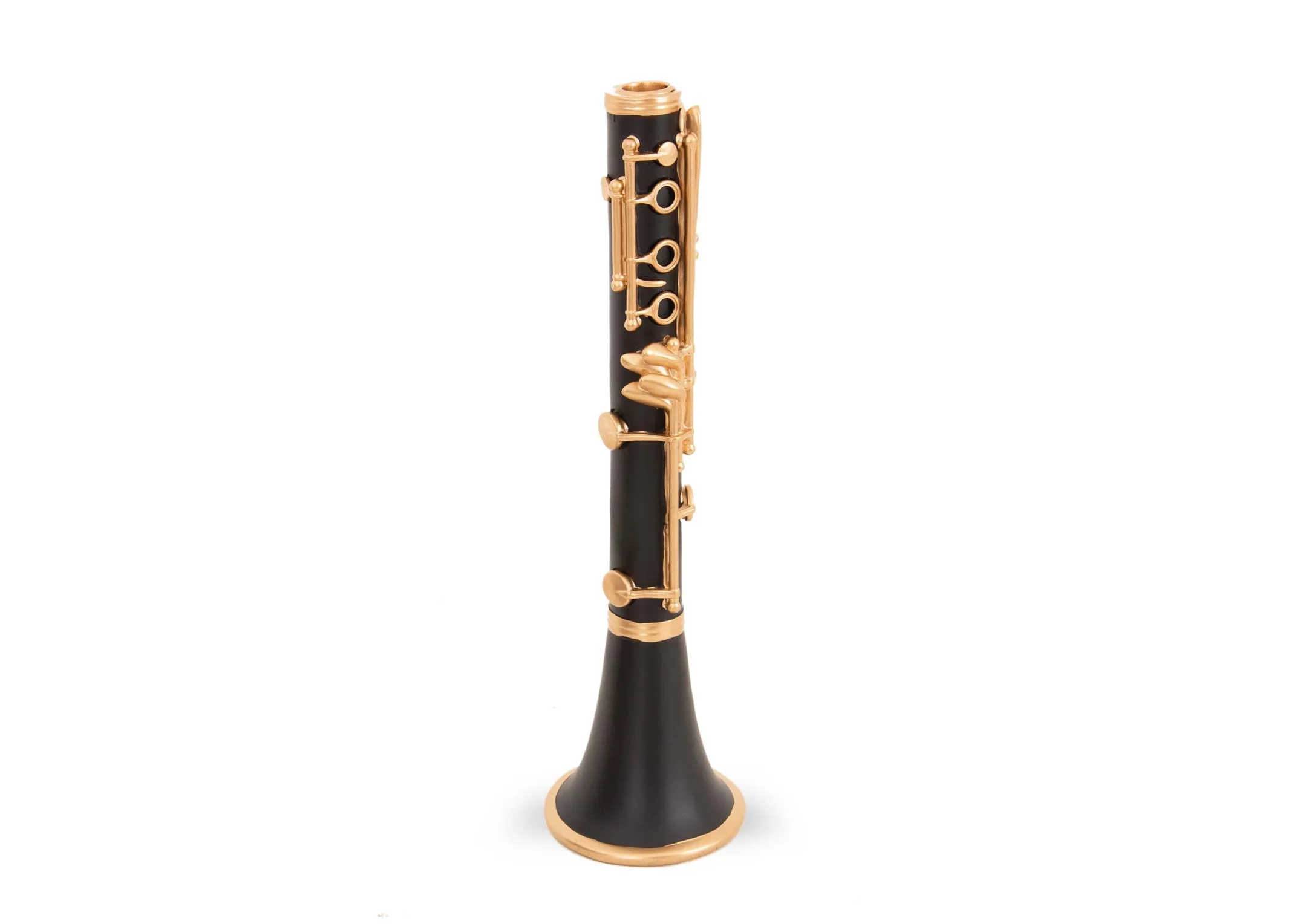 A black & gold Clarinet candleholder from EZ Livings Christmas range. Angled view of black clarinet with gold detail