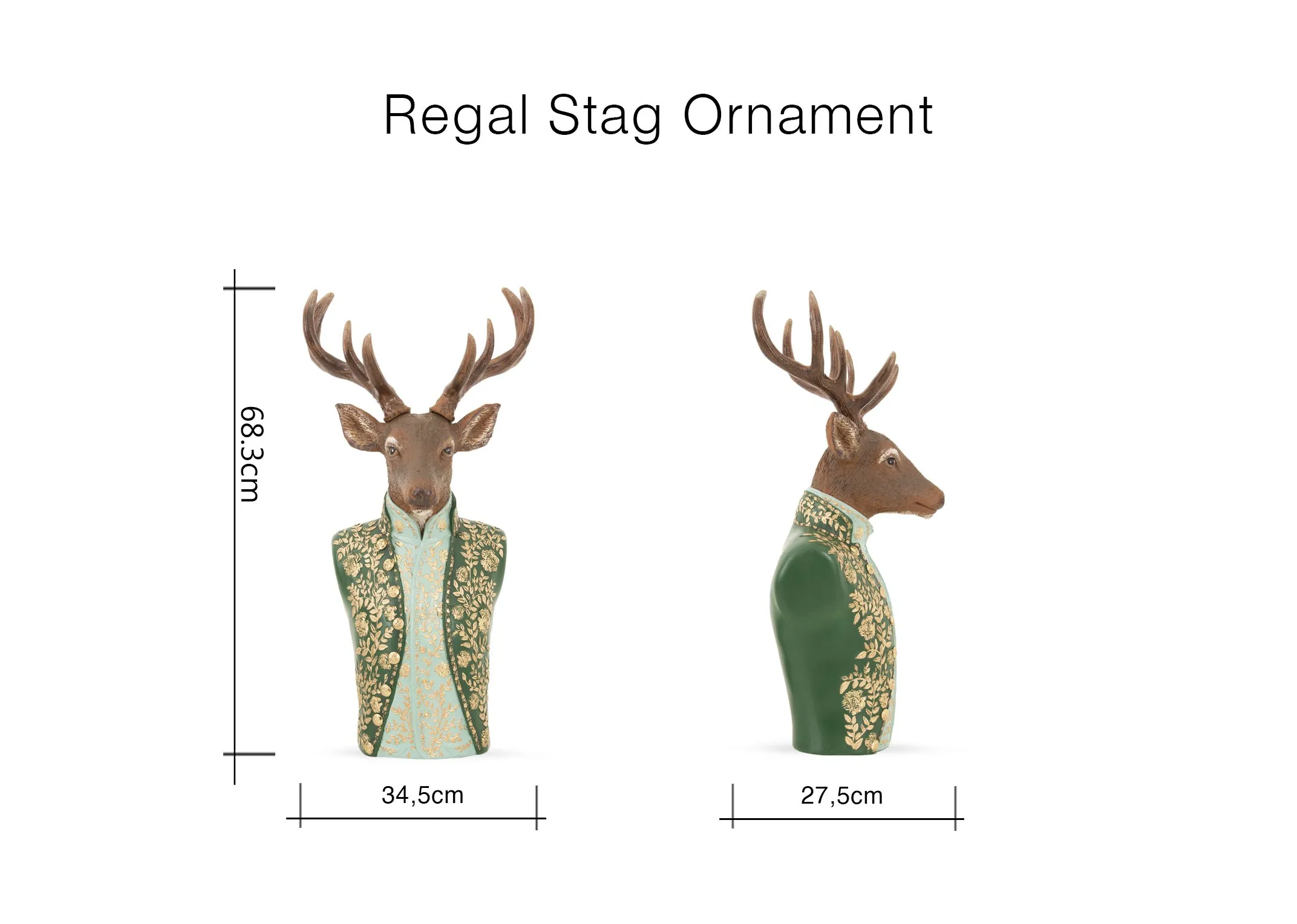 A lifestyle image of the Regal Stag Ornament with a range of Gold deer ornaments & Wooden trees.