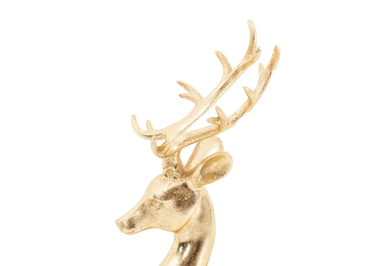 A large gold lying deer ornament from EZ Livings Christmas Range. Closeup of antlers