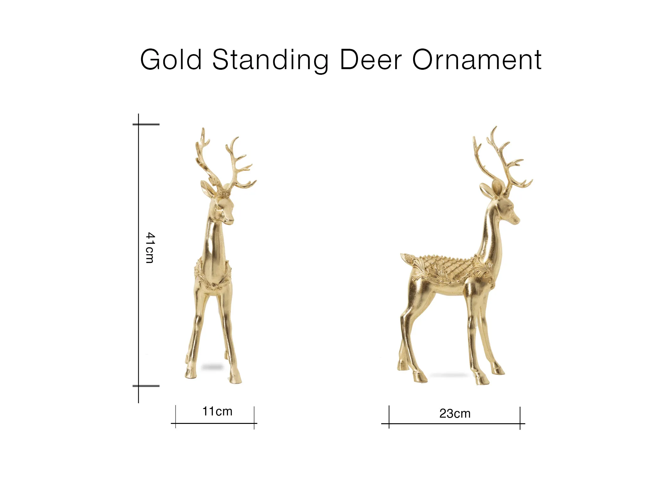 A dimension image of the Gold Standing Deer Ornament with 11cm x 23cm x 41cm