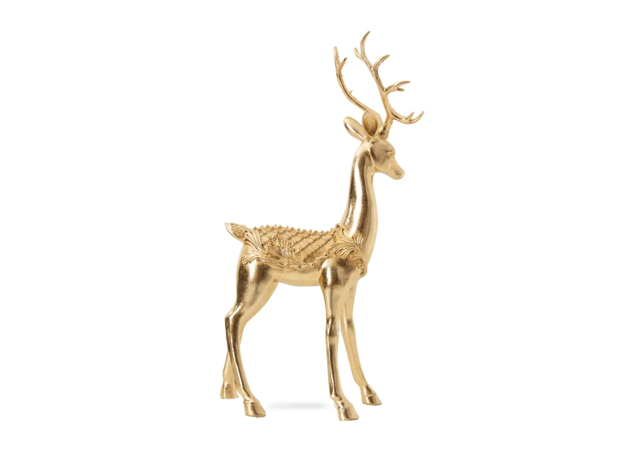 A gold metal standing deer from EZ Livings Christmas range. Side view of detail on deers back