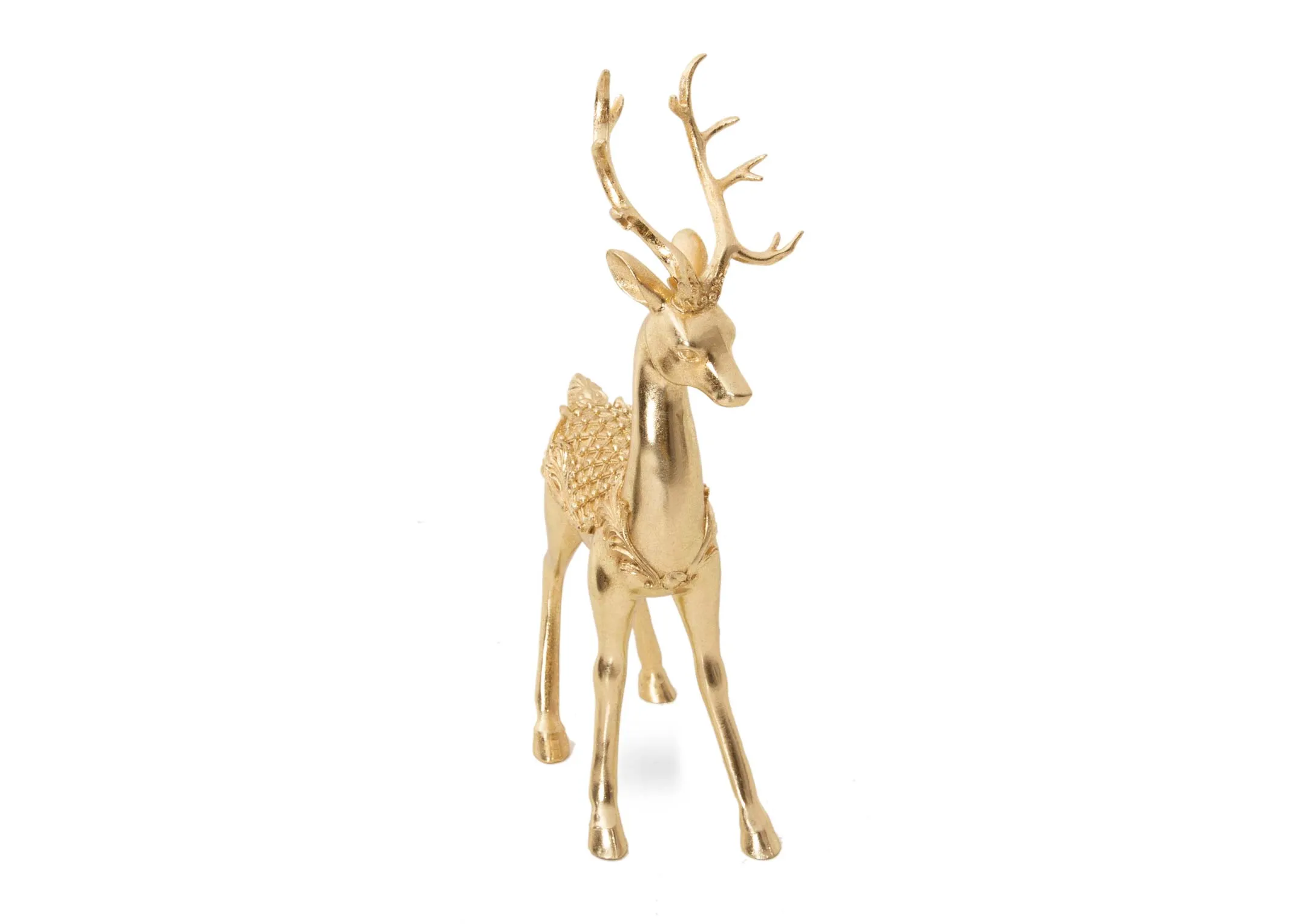 A gold metal standing deer from EZ Livings Christmas range. Angled view of shiny gold finish.