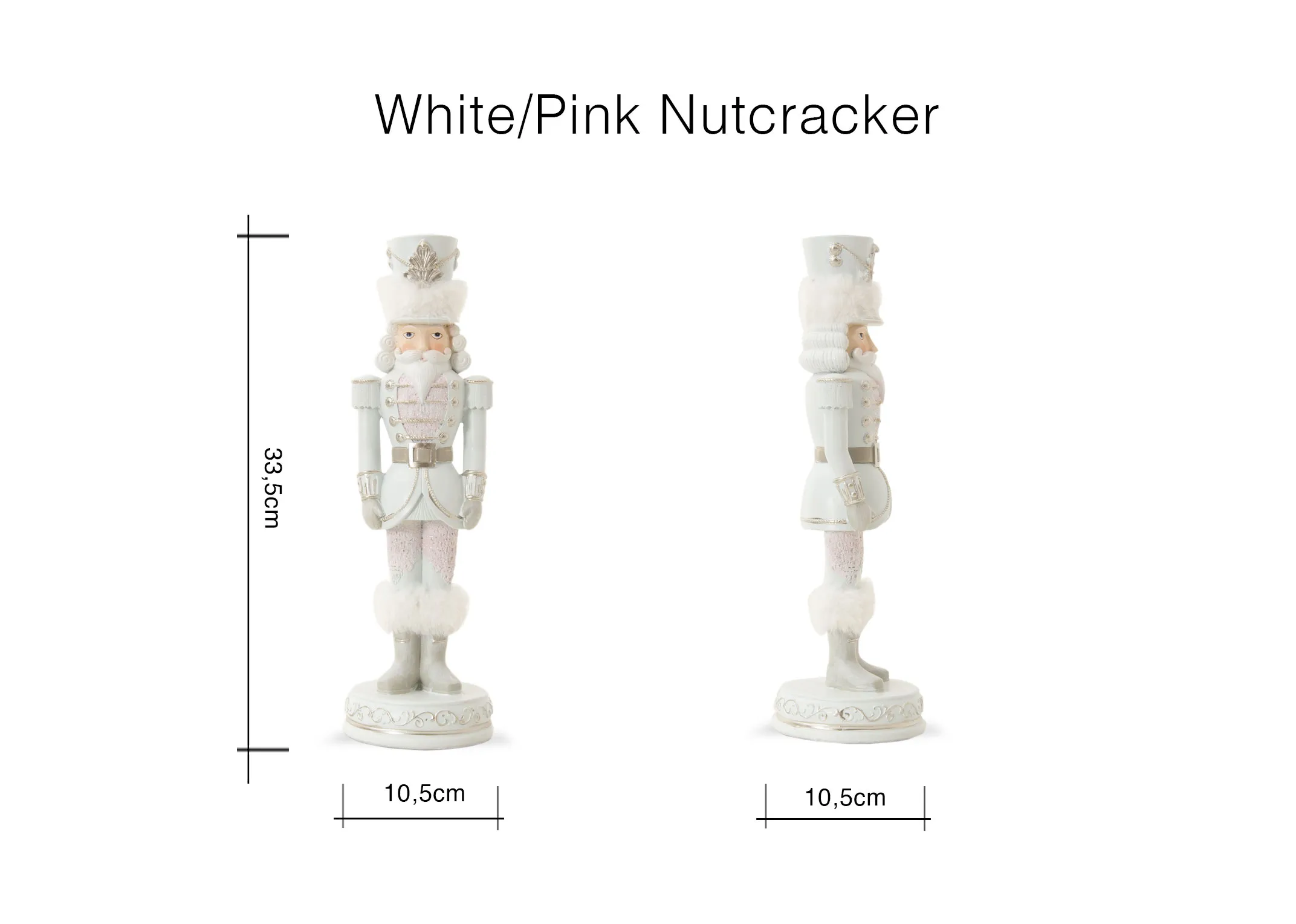 A lifestyle image of a festive pearl & pine wreath with White Nutcracker and set of glass candle holders.