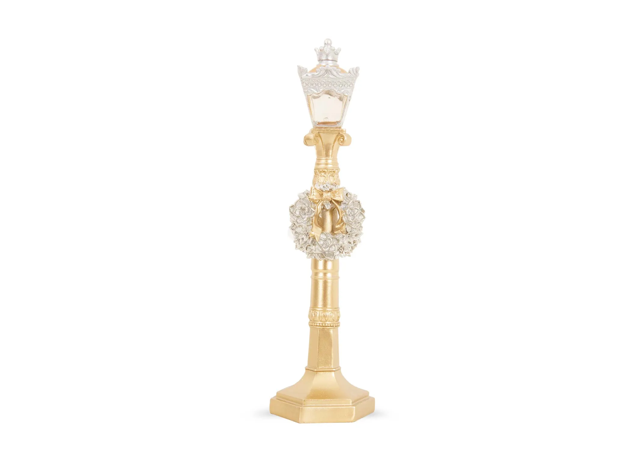 Metallic Gold LED Lamppost with Wreath- Christmas Figurine