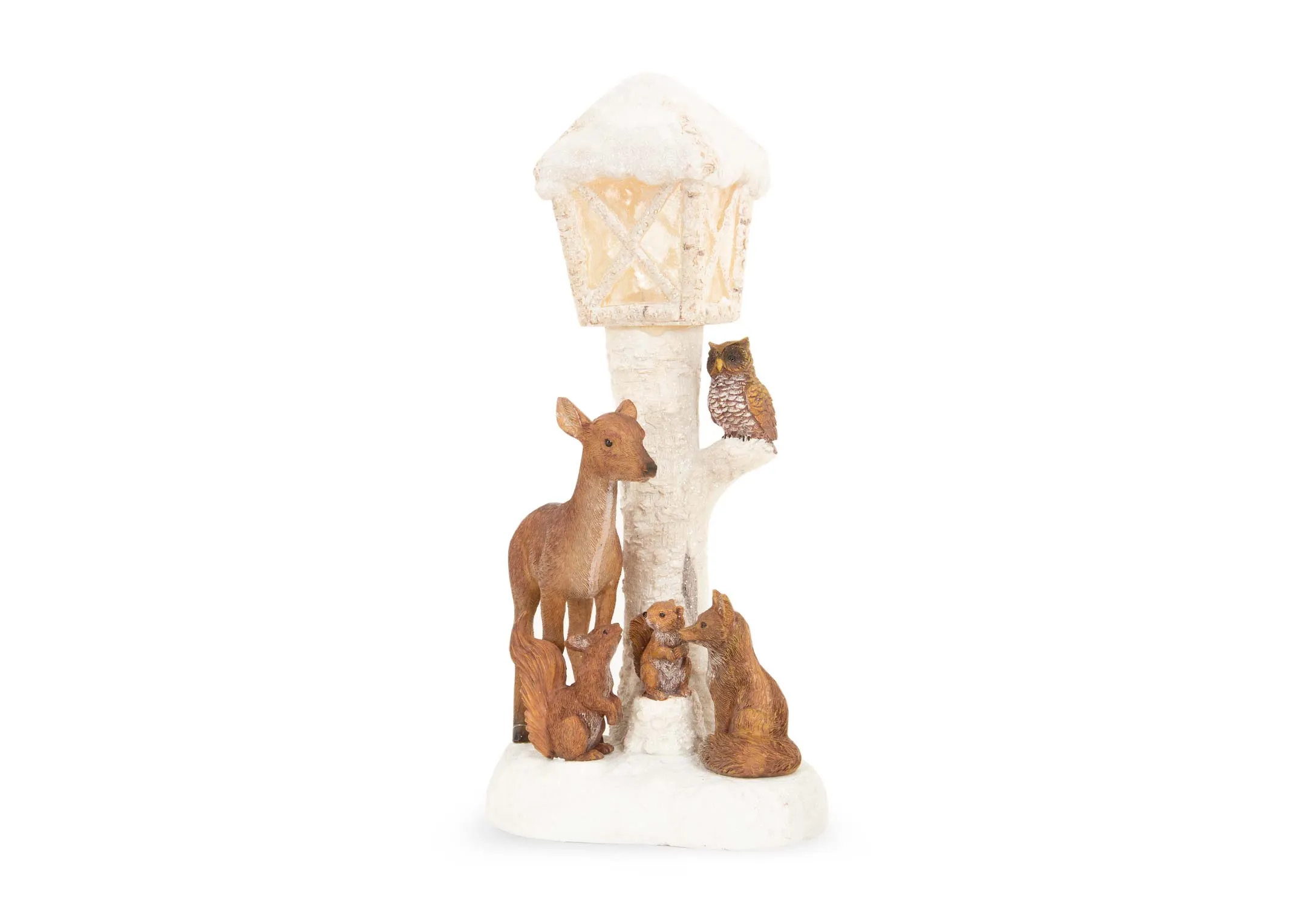 A white LED lamppost figurine with a selection of woodland animals from EZ Livings Christmas range. Angled view of owl in branch