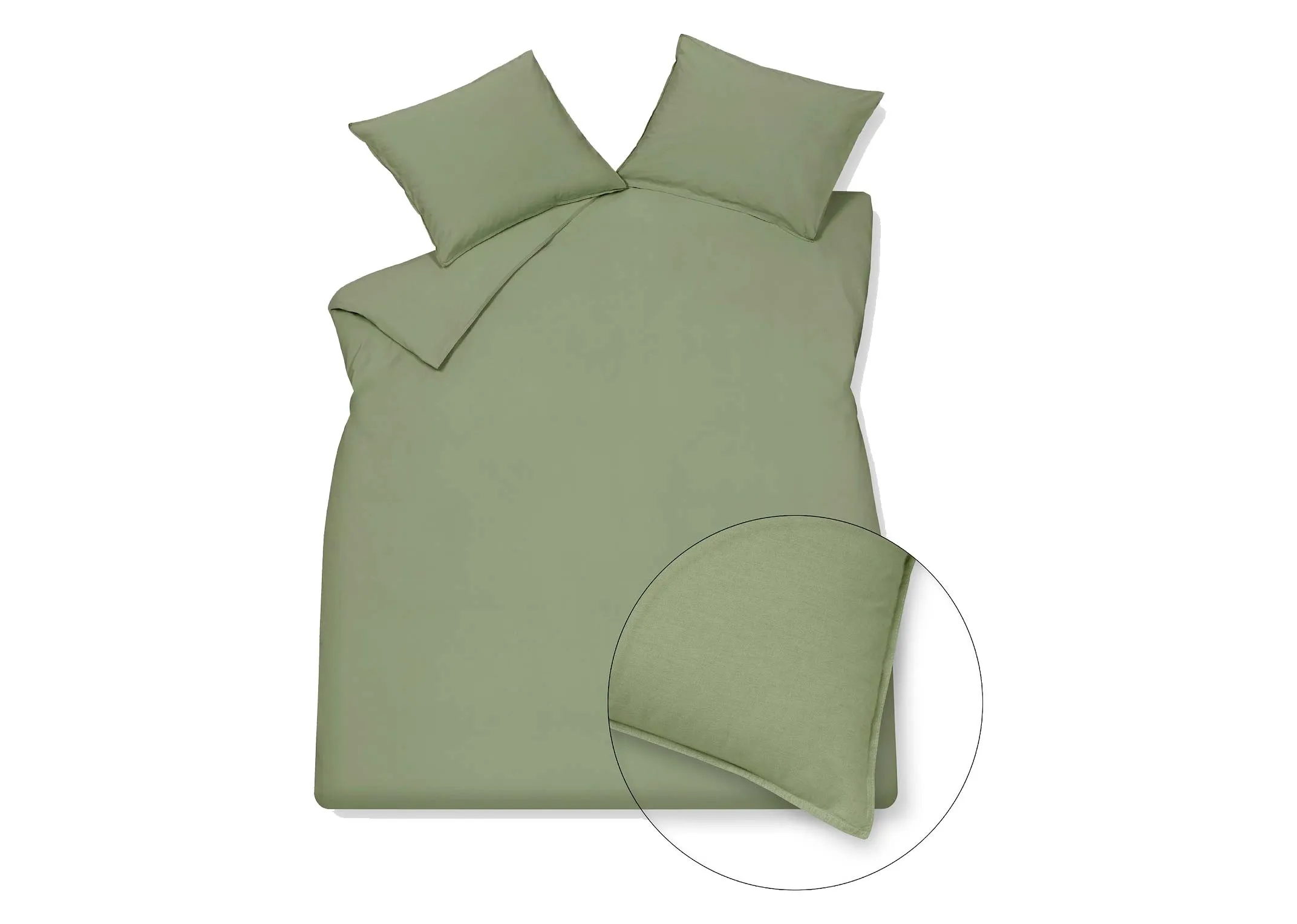 A smoked green duvet cover set from EZ Livings Vna Dyck range. Front view of cotton duvet set with 2 pillowcases.