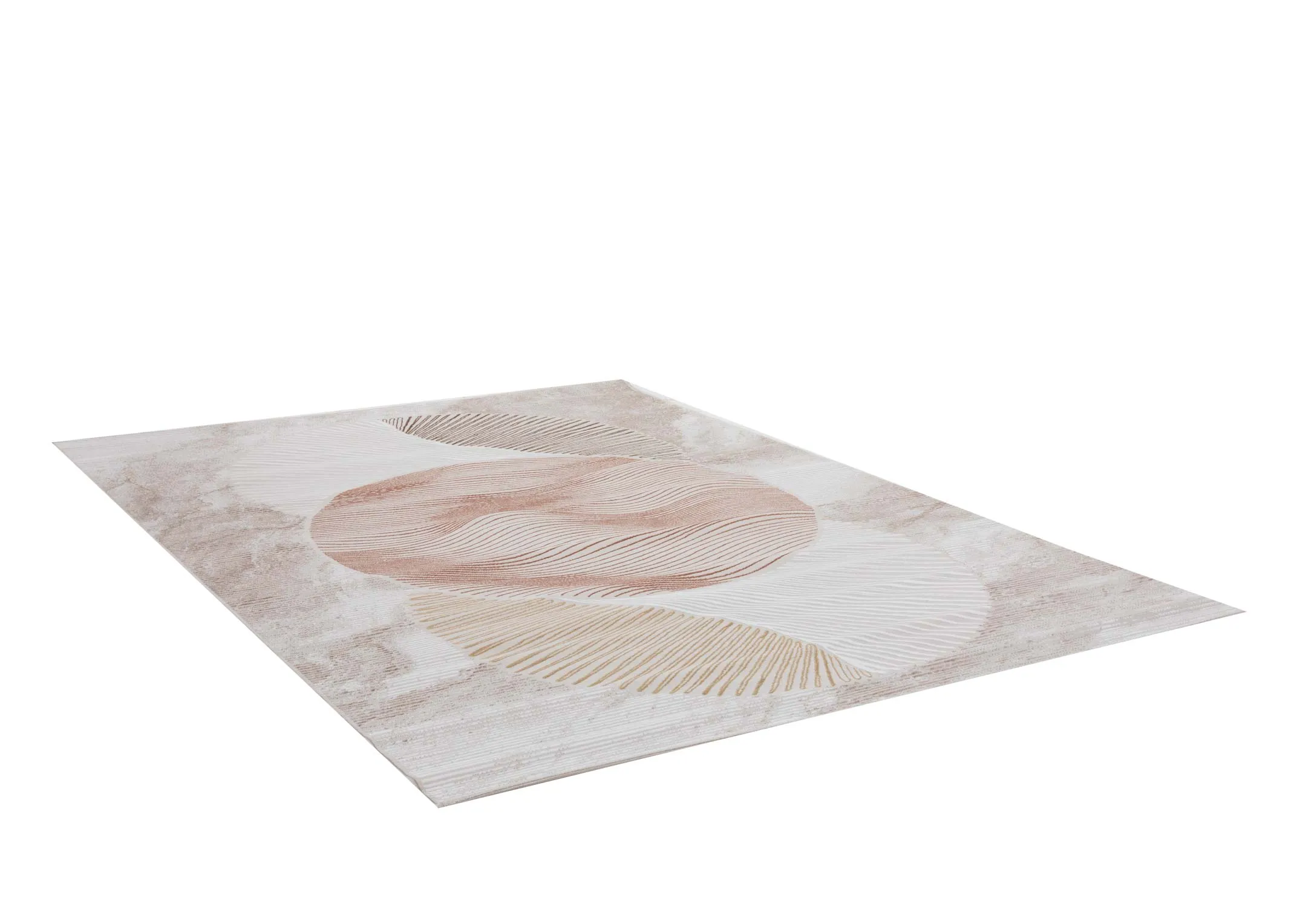 A beige rug with brown cream gold and orange metallic design from EZ Livings Creation range.Angled view