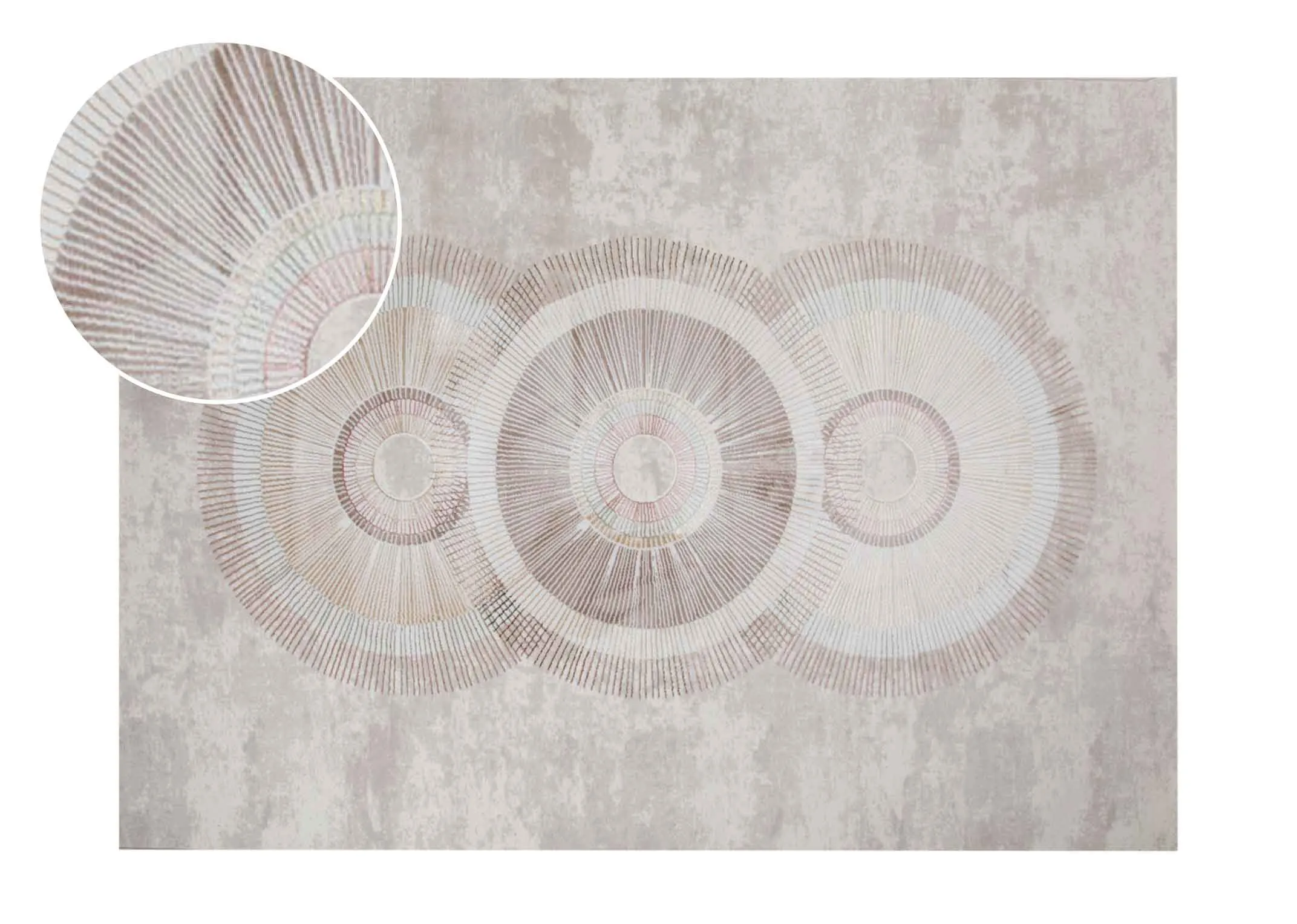 A grey & gold circular design rug from EZ Livings Create Range. Closeup of rug with 3 interlinked circles