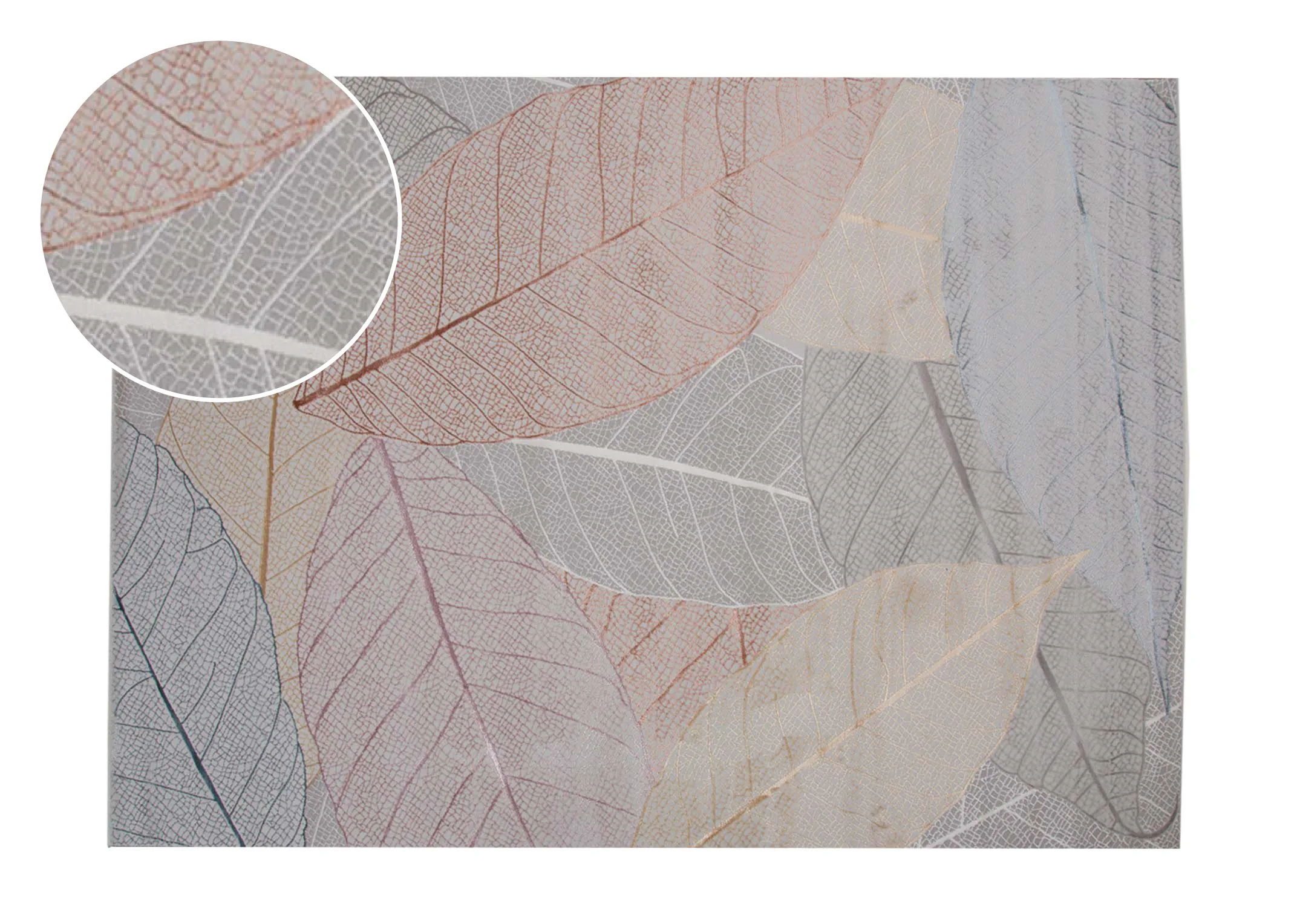 A subtle autumnal leaf print rug from EZ Livings Crete range. Front view of orange gold blue and grey leaves.
