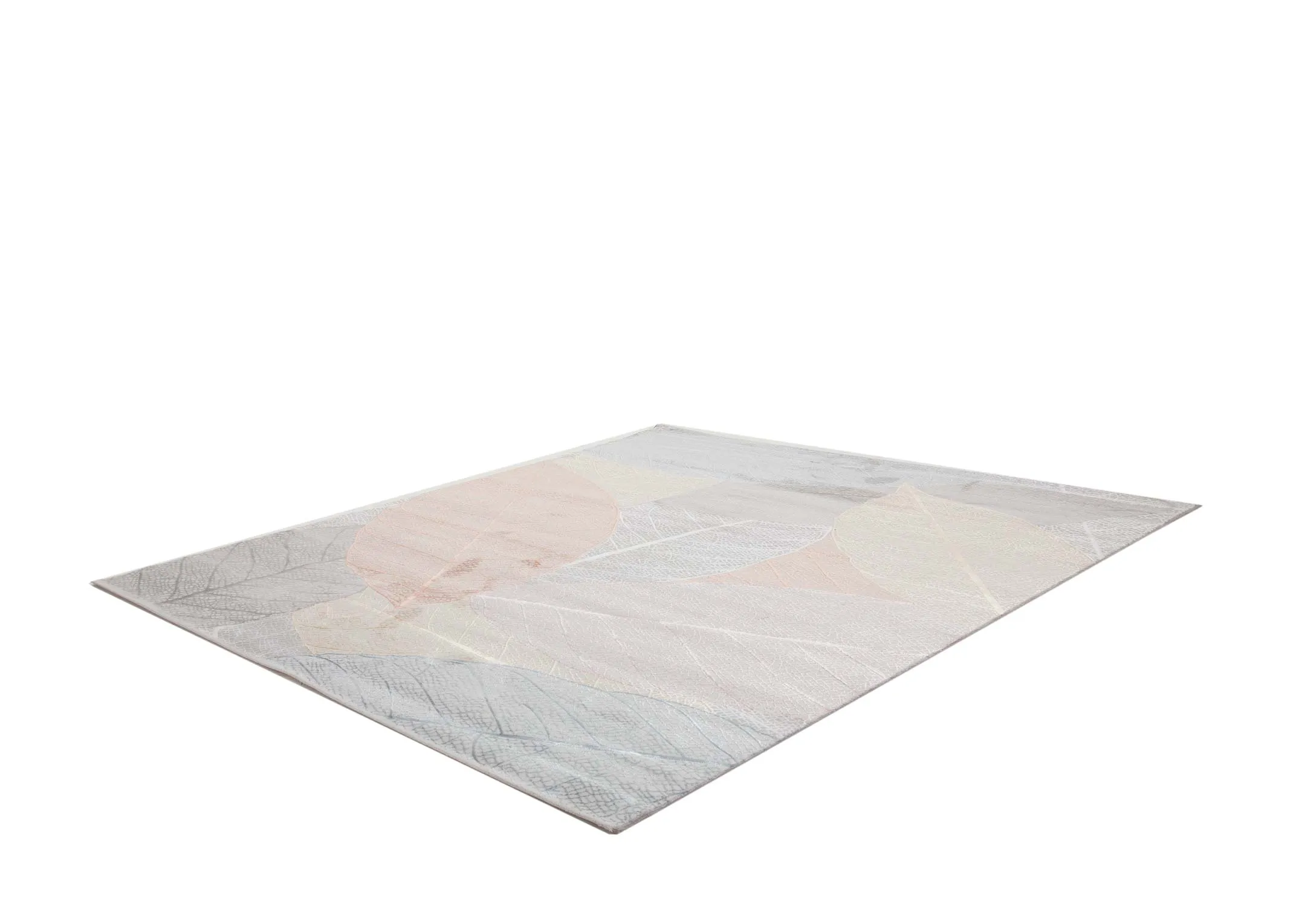A subtle autumnal leaf print rug from EZ Livings Crete range. Angled view of short pile rug.