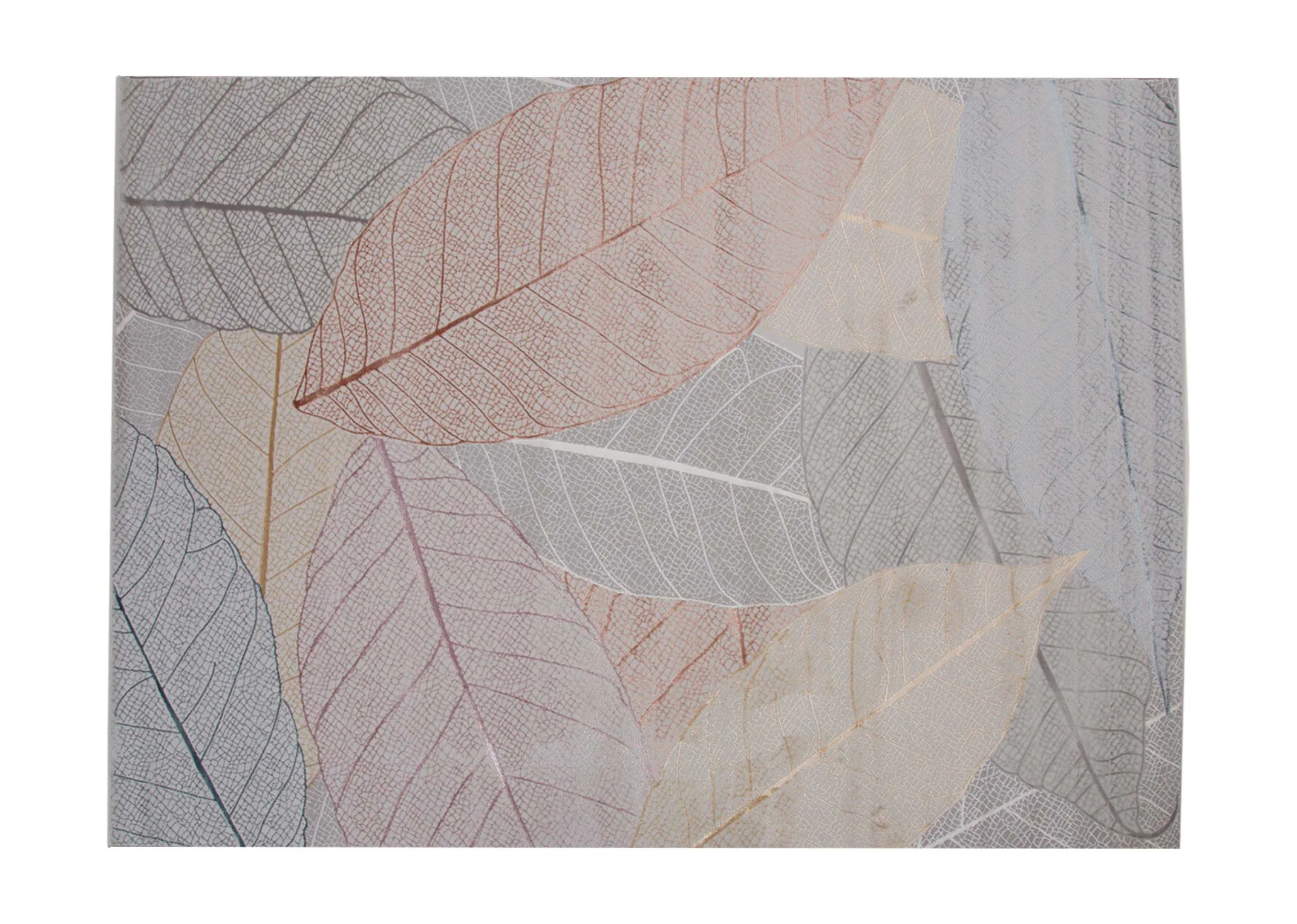A subtle autumnal leaf print rug from EZ Livings Crete range. Front view of orange gold blue and grey leaves.