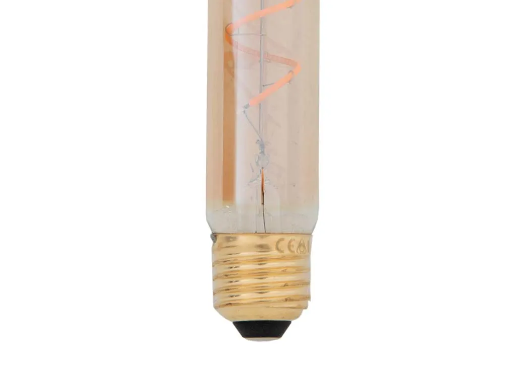 An amber tube shaped LED light bulb from EZ Livings light bulb range. Closeup of element & e27 fitting.